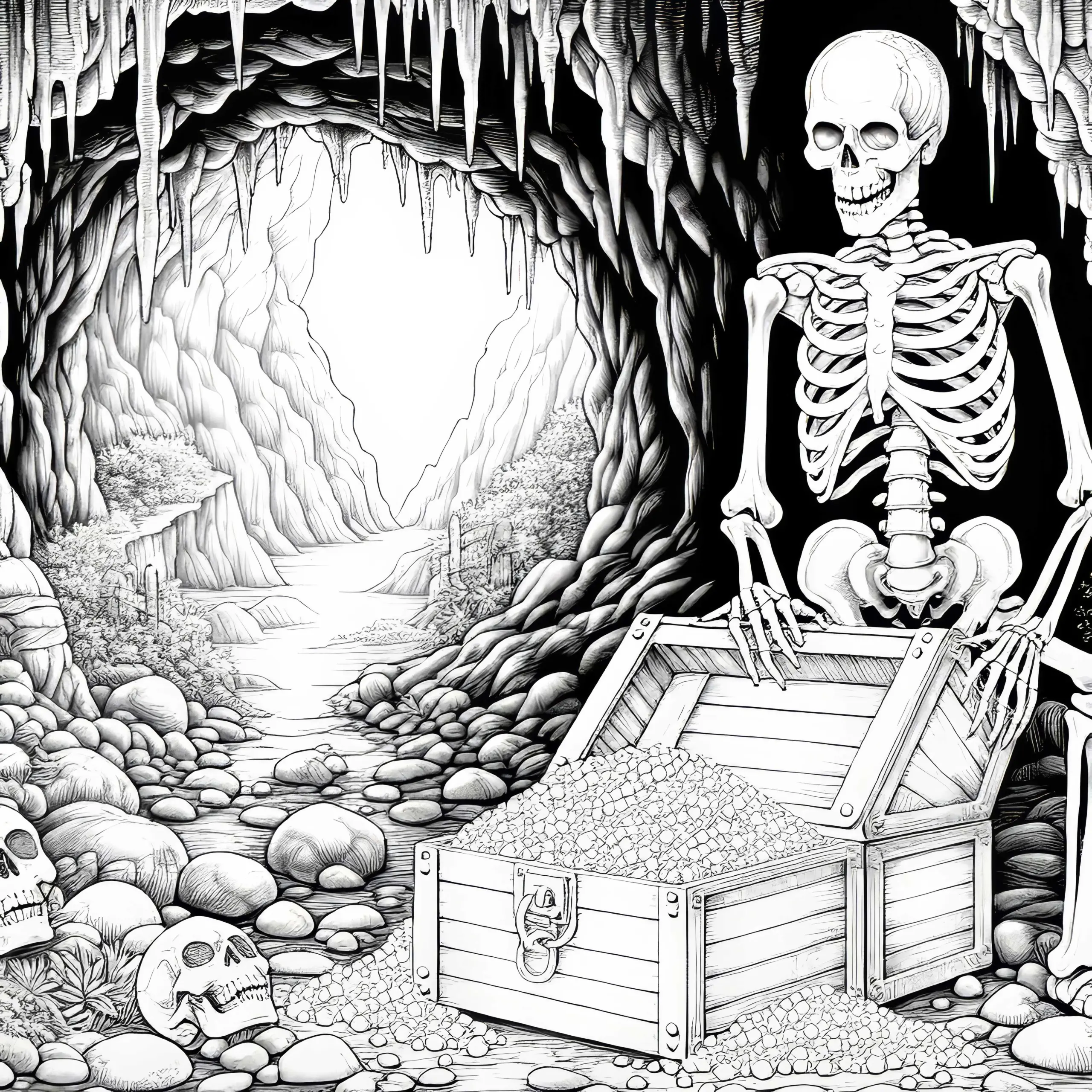Skelett bewacht Schatztruhe in düsterer Höhle: Malvorlage zum Download (Gratis) (Ausmalbild)