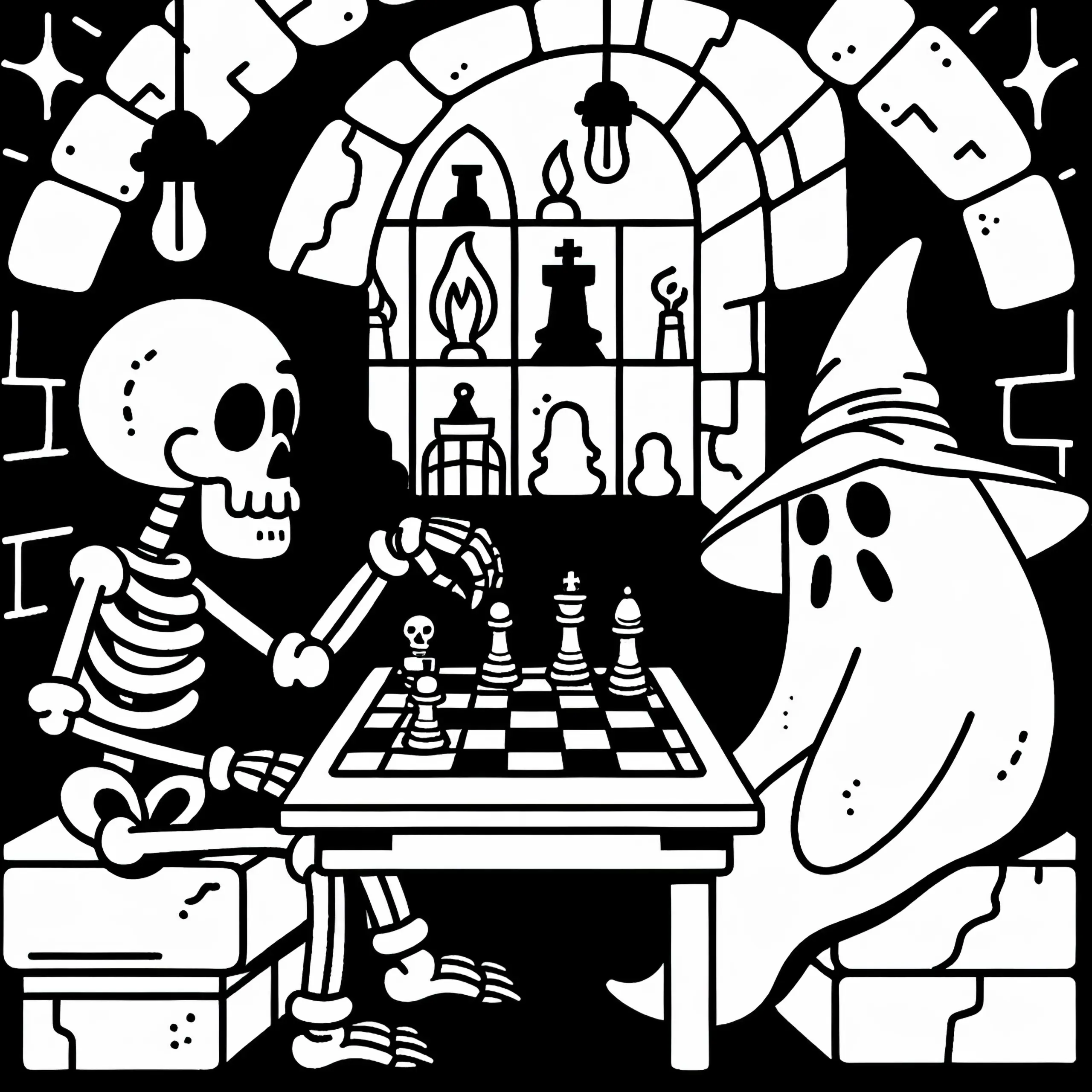 Skelett spielt Schach mit Geist in dunkler Gruft: Kostenlose Malvorlage (Ausmalbild)