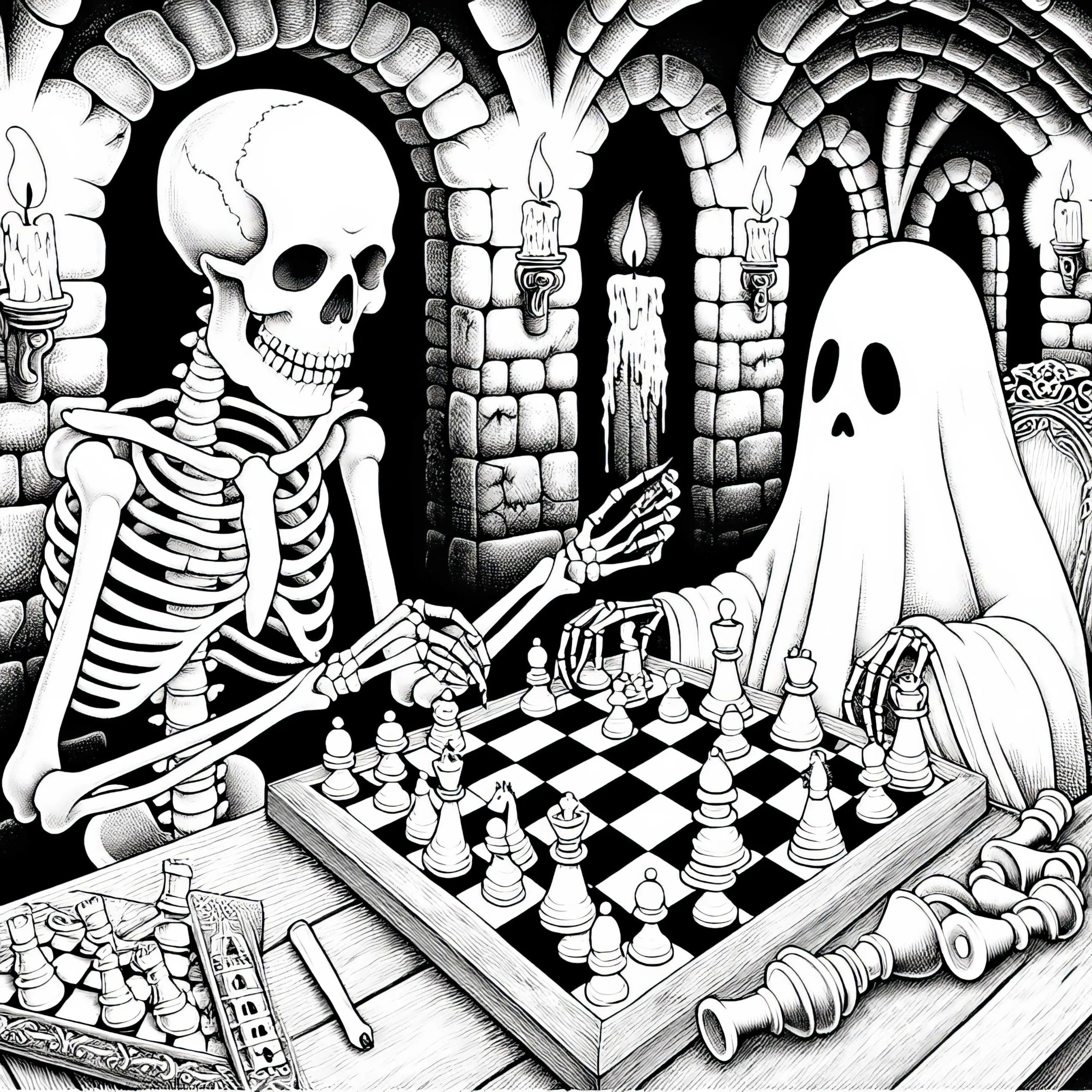 Skelett spielt Schach mit Geist in dunkler Gruft: Malvorlage zum Herunterladen (Gratis) (Ausmalbild)
