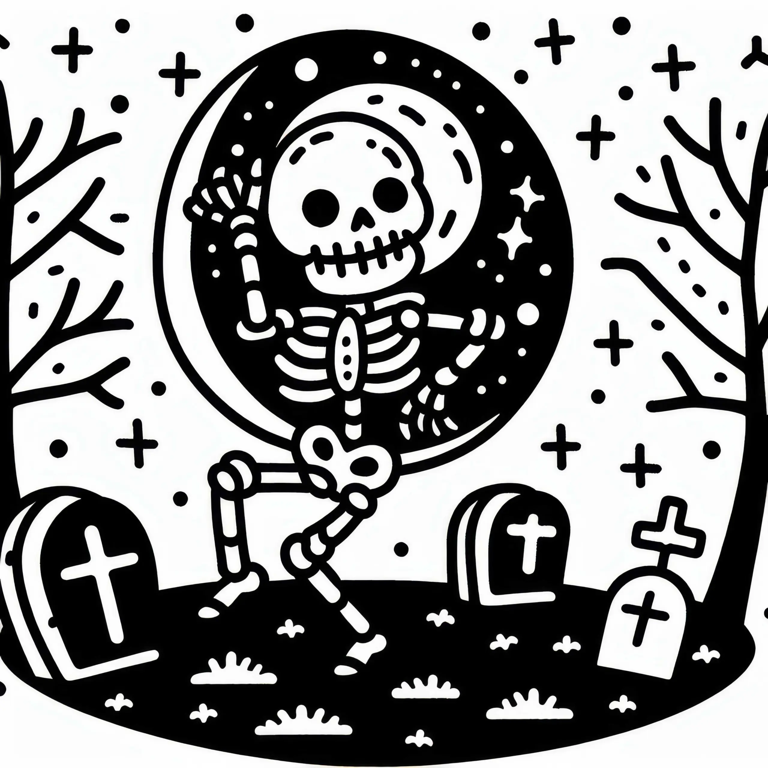 Skelett tanzt auf Friedhof bei Vollmond: Einfache Malvorlage (Gratis) (Ausmalbild)