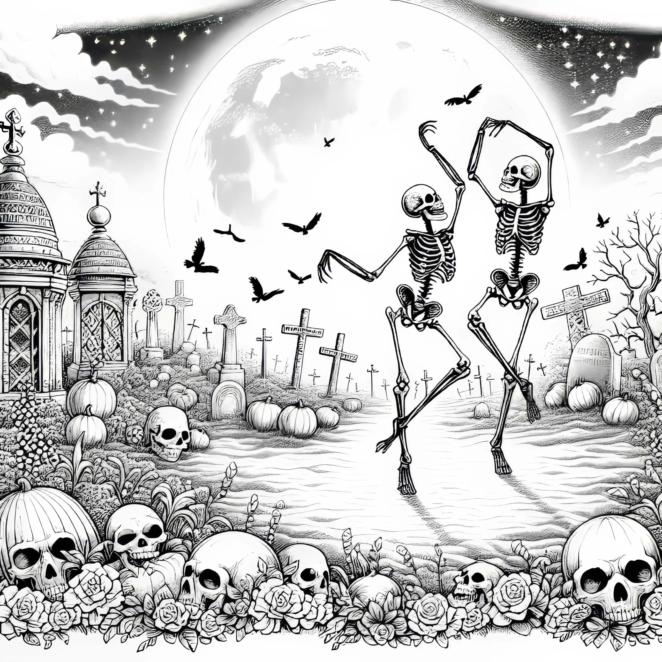 Skelette tanzen auf Friedhof bei Vollmond: Ausmalbild zum Download (Gratis)