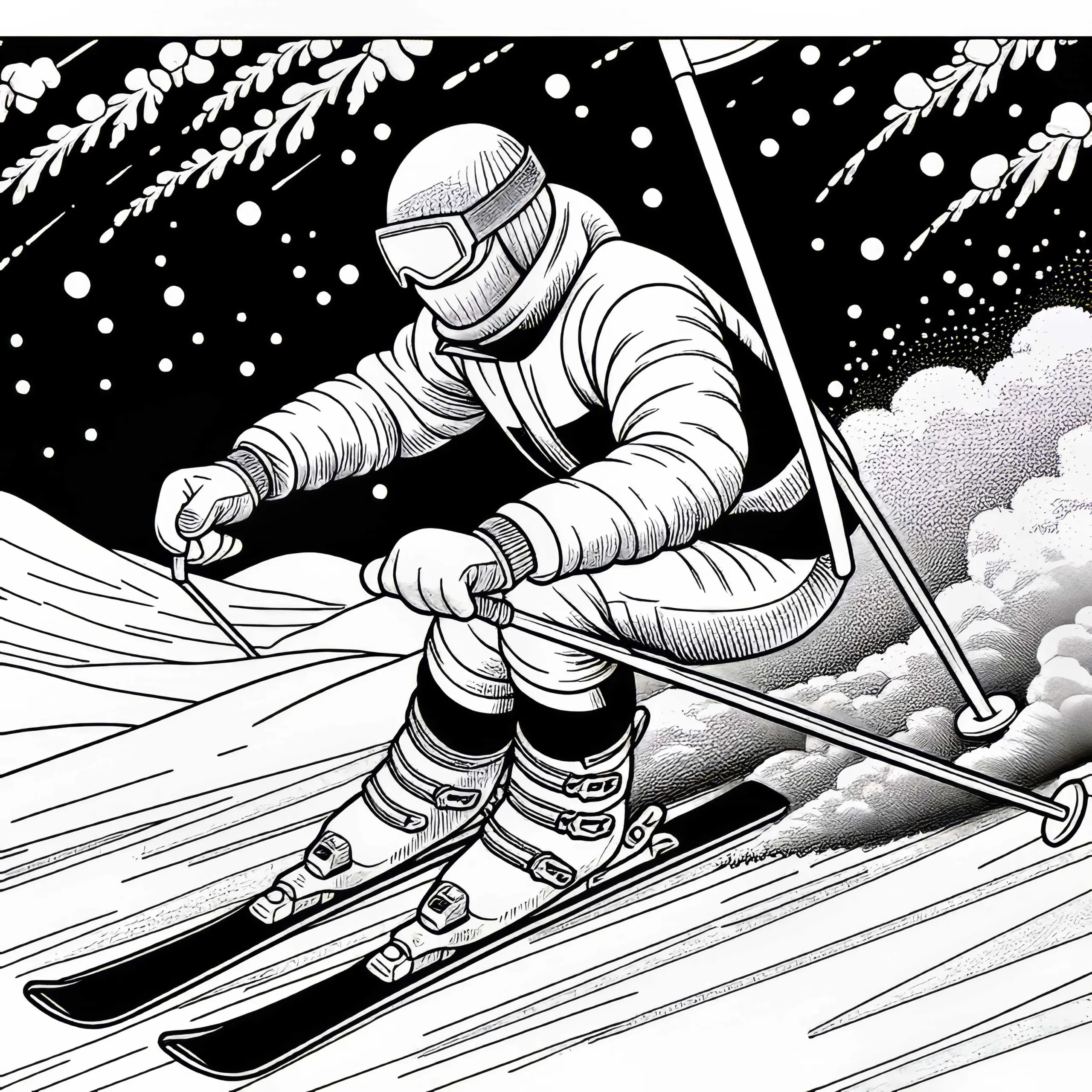 Skifahrer beim Ski-Slalom – Malvorlage kostenlos (Ausmalbild)
