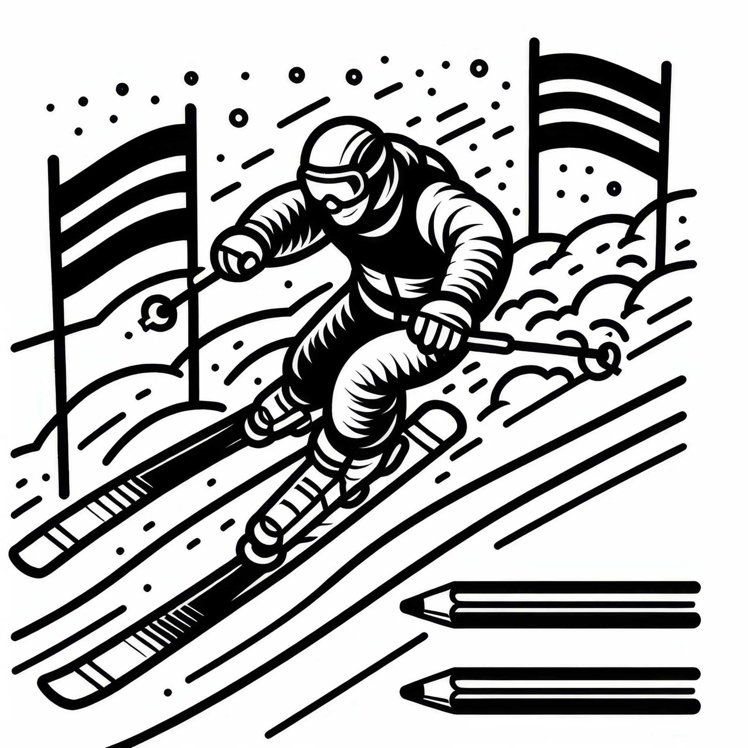 Skifahrer beim Slalom – Malvorlage einfach gratis (Ausmalbild)