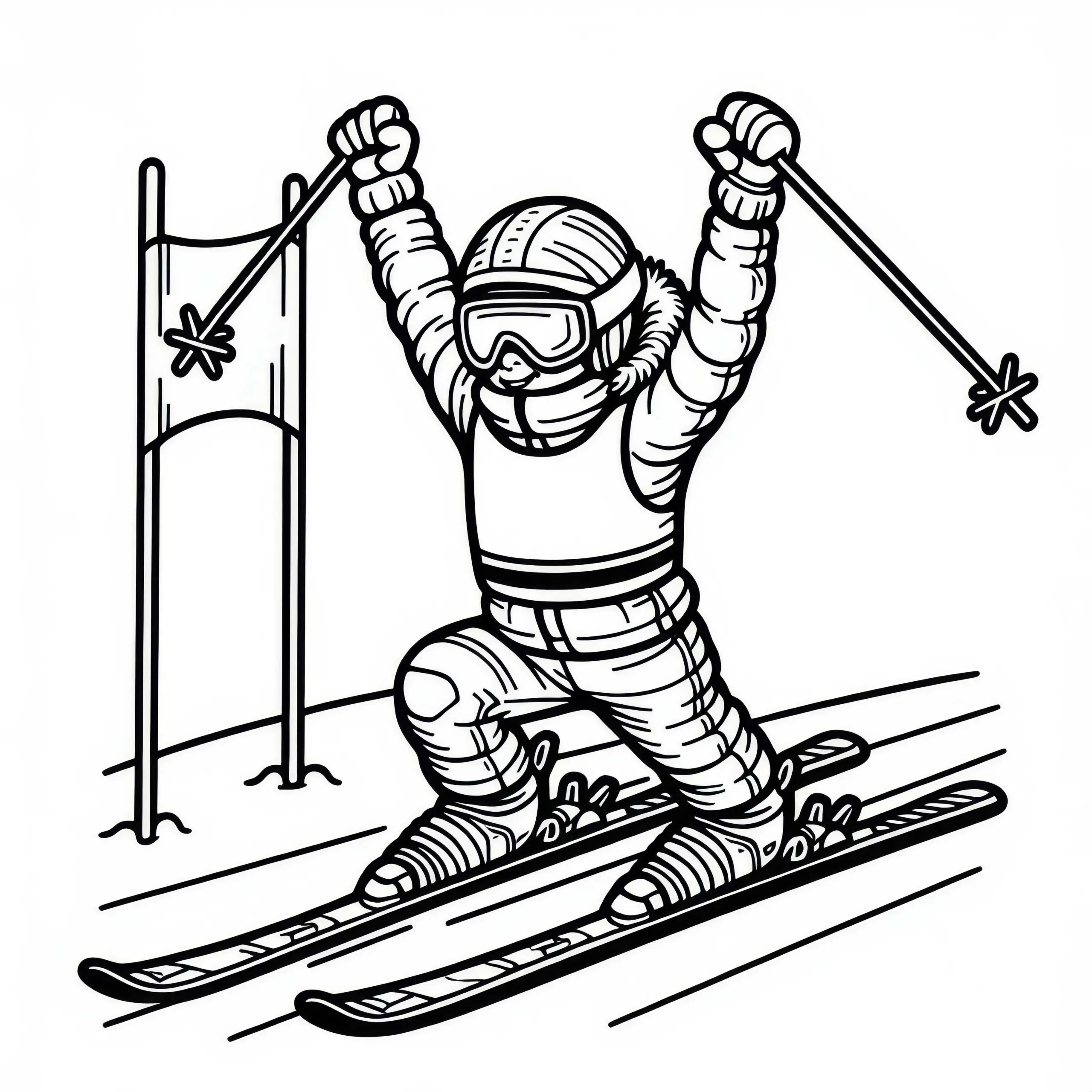 Skifahrer feiert Laufzeit beim Ski-Slalom – Ausmalbild kostenlos