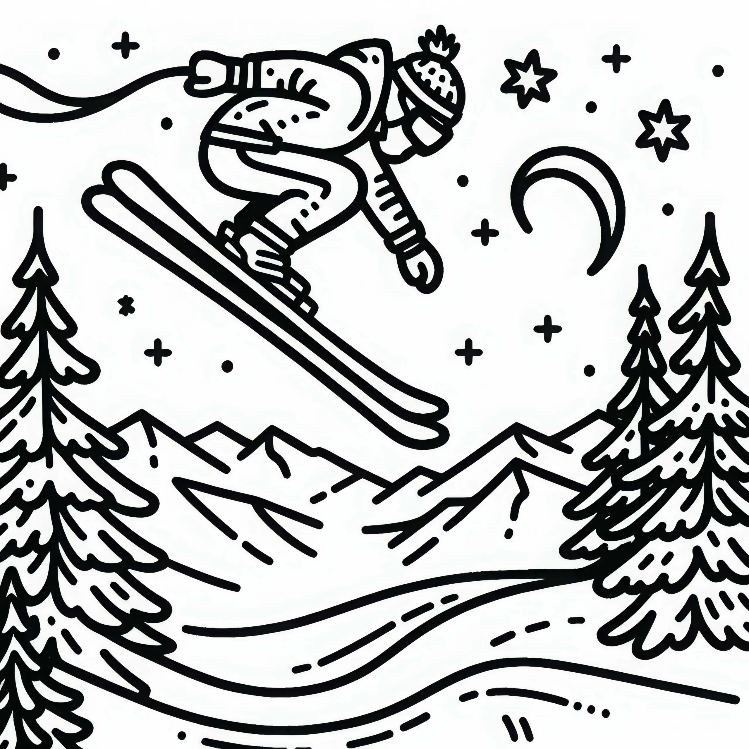 Skifahrer macht Sprung in der Luft – Ausmalbild einfach kostenlos