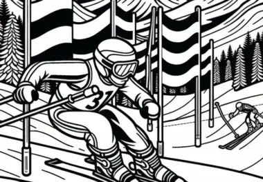 Skifahrer passiert Slalomstangen im Riesenslalom – Malvorlage kostenlos