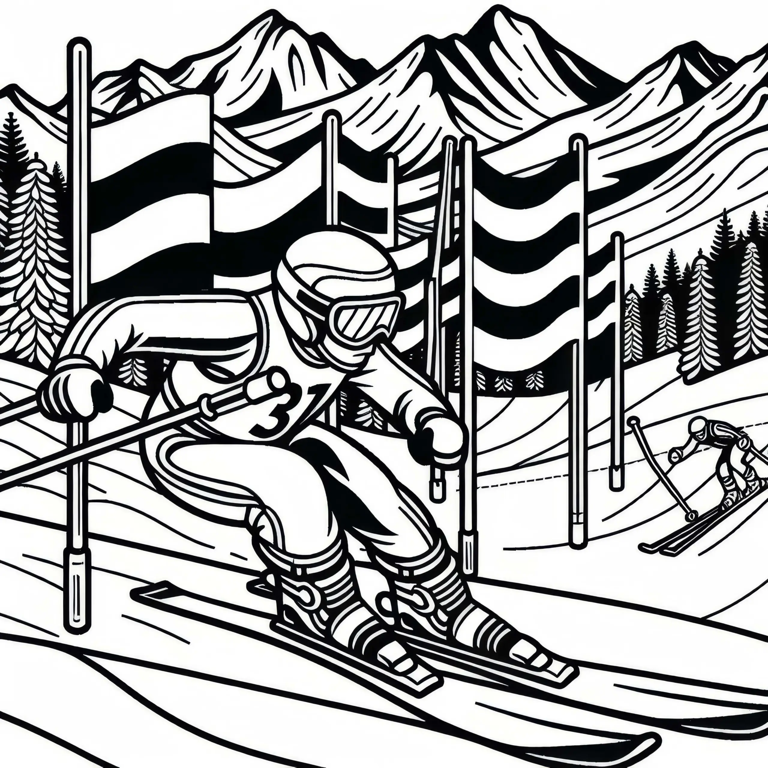 Skifahrer passiert Slalomstangen im Riesenslalom – Malvorlage kostenlos (Ausmalbild)