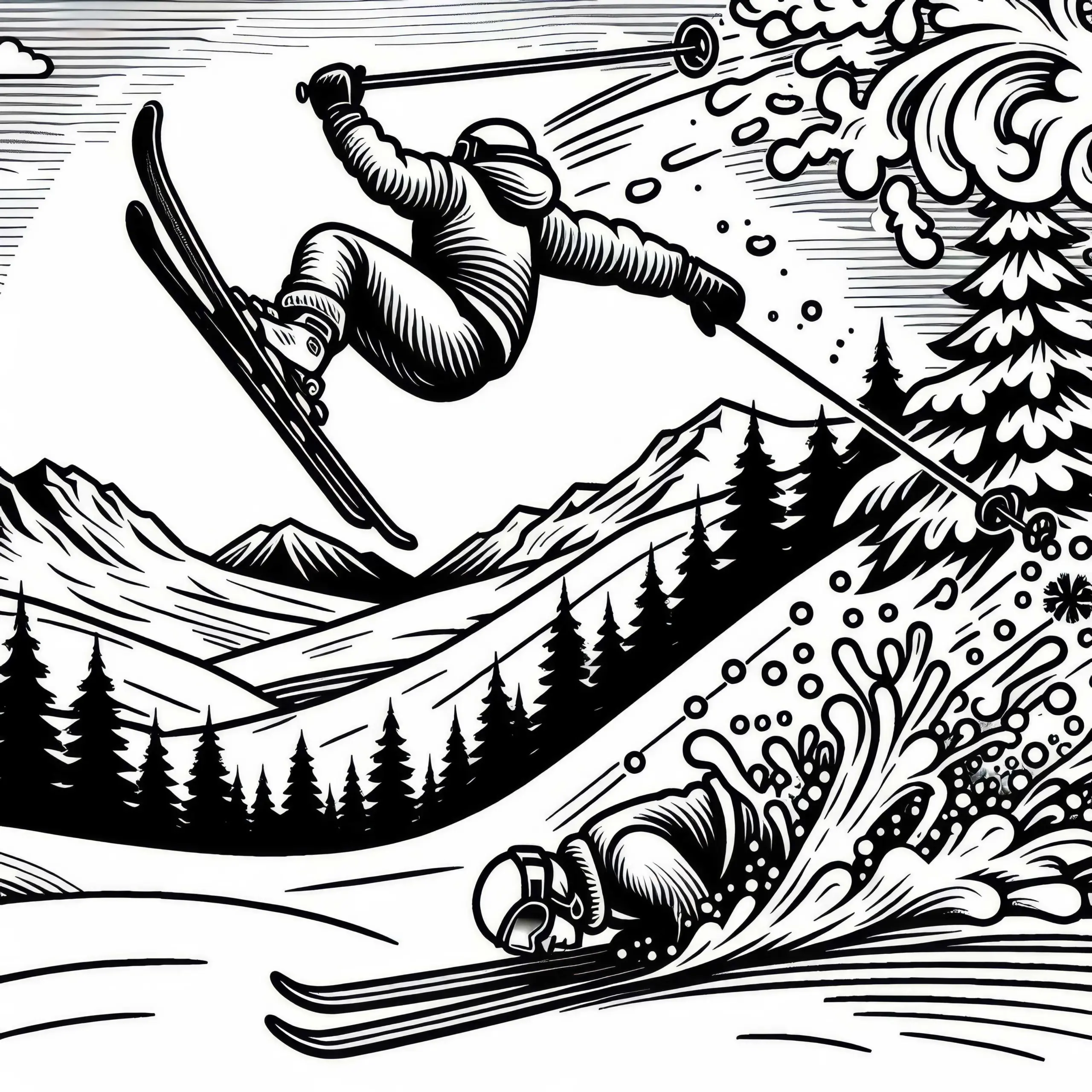 Skifahrer stürzt in Tiefschnee – Malvorlage gratis (Ausmalbild)