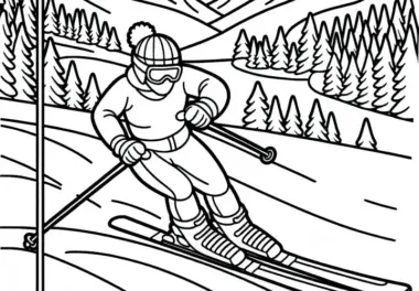 Skifahrer weicht beim Slalom einer Stange – Ausmalvorlage kostenlos