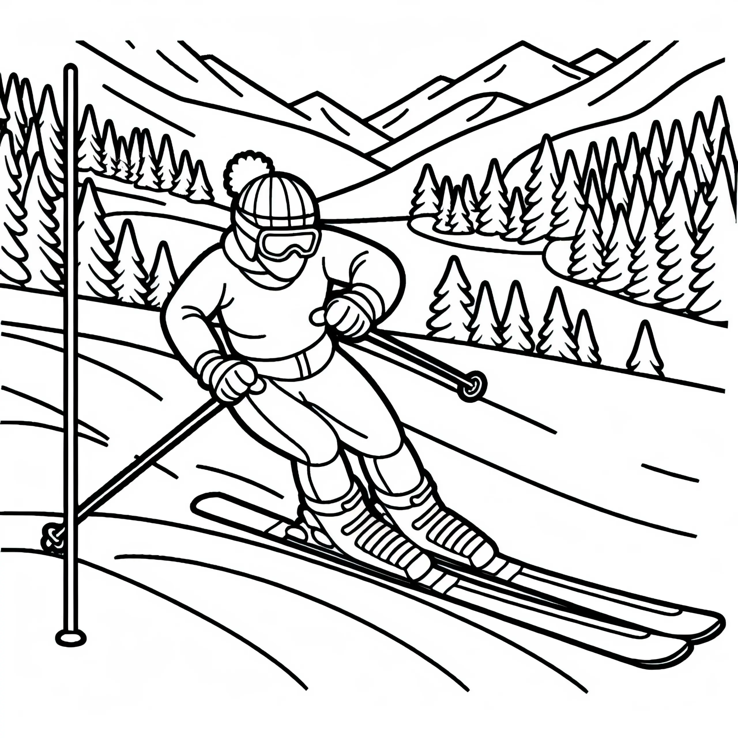 Skifahrer weicht beim Slalom einer Stange – Ausmalvorlage kostenlos (Ausmalbild)