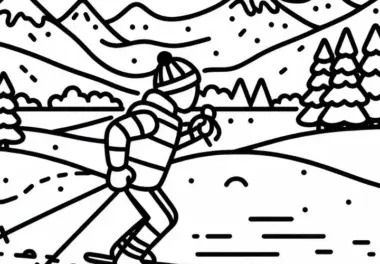 Skilangläufer fährt durch Winterlandschaft – kostenloses Ausmalbild