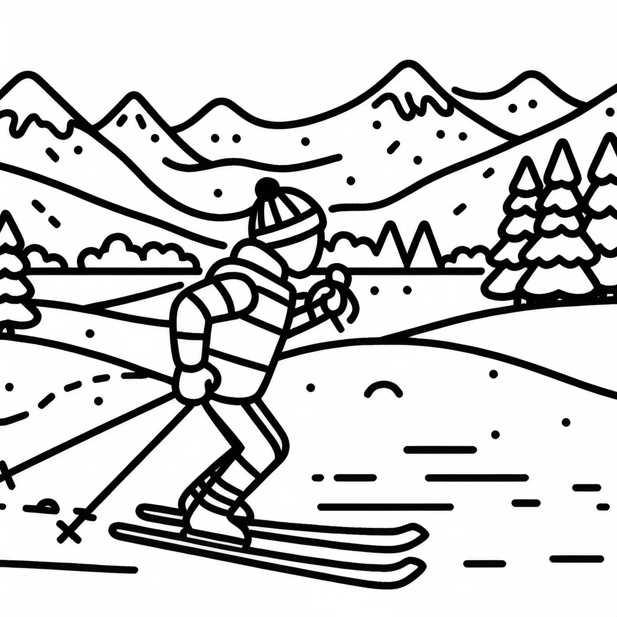 Skilangläufer fährt durch Winterlandschaft – kostenloses Ausmalbild