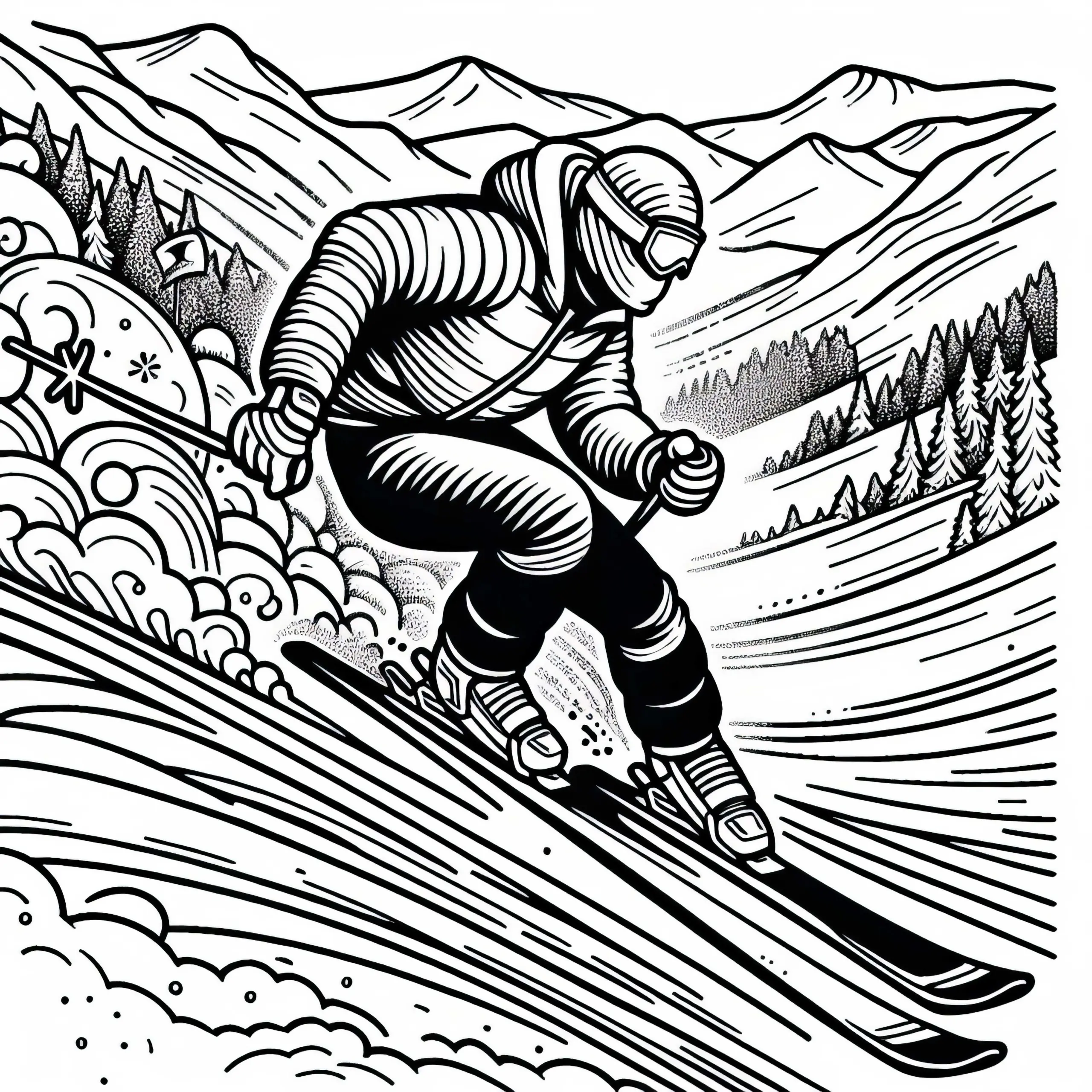 Skirennfahrer rast beim Ski-Alpin steile Piste hinunter – Malvorlage kostenlos (Ausmalbild)