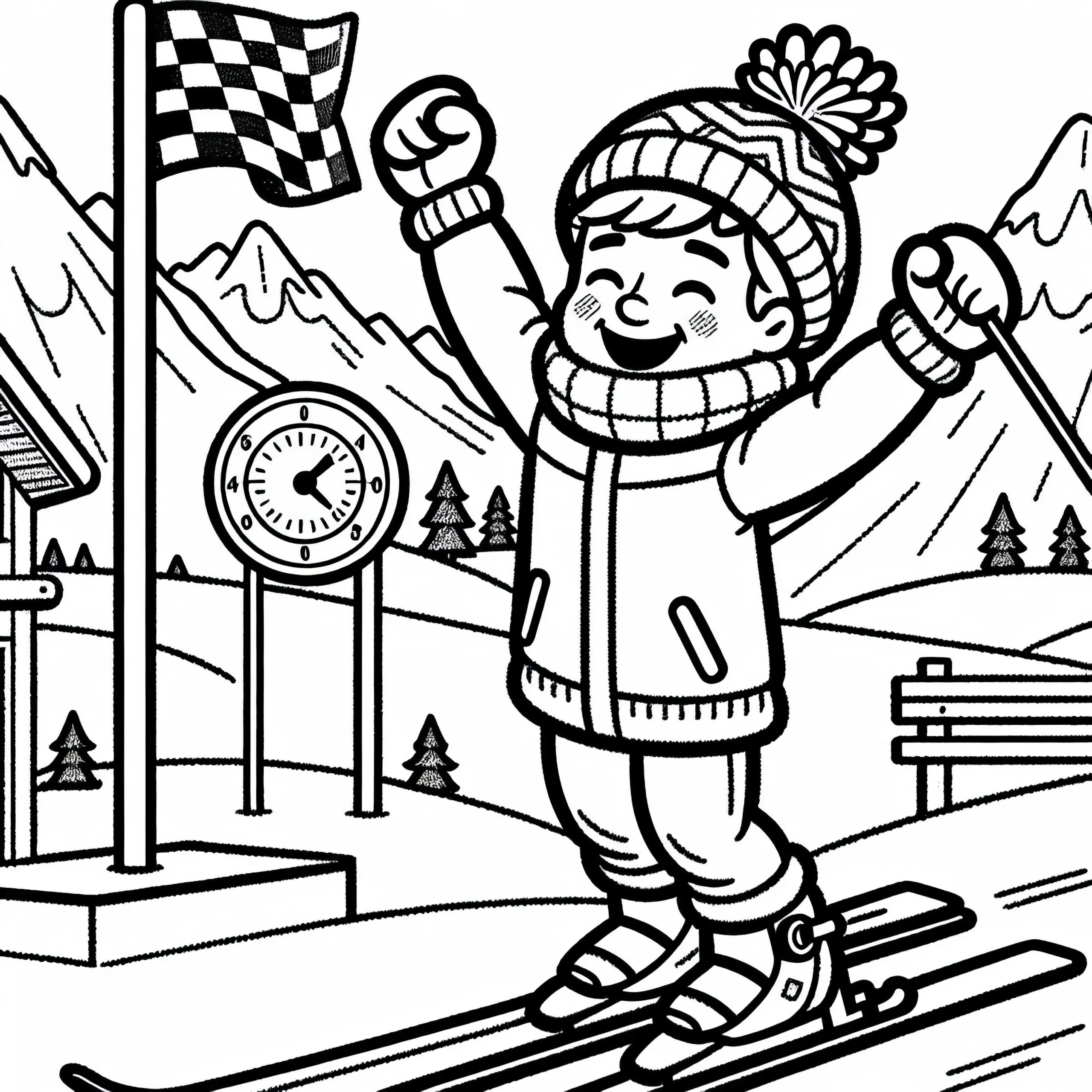 Skisportler freut sich über neue Bestzeit beim Ski-Alpin – Ausmalbild gratis