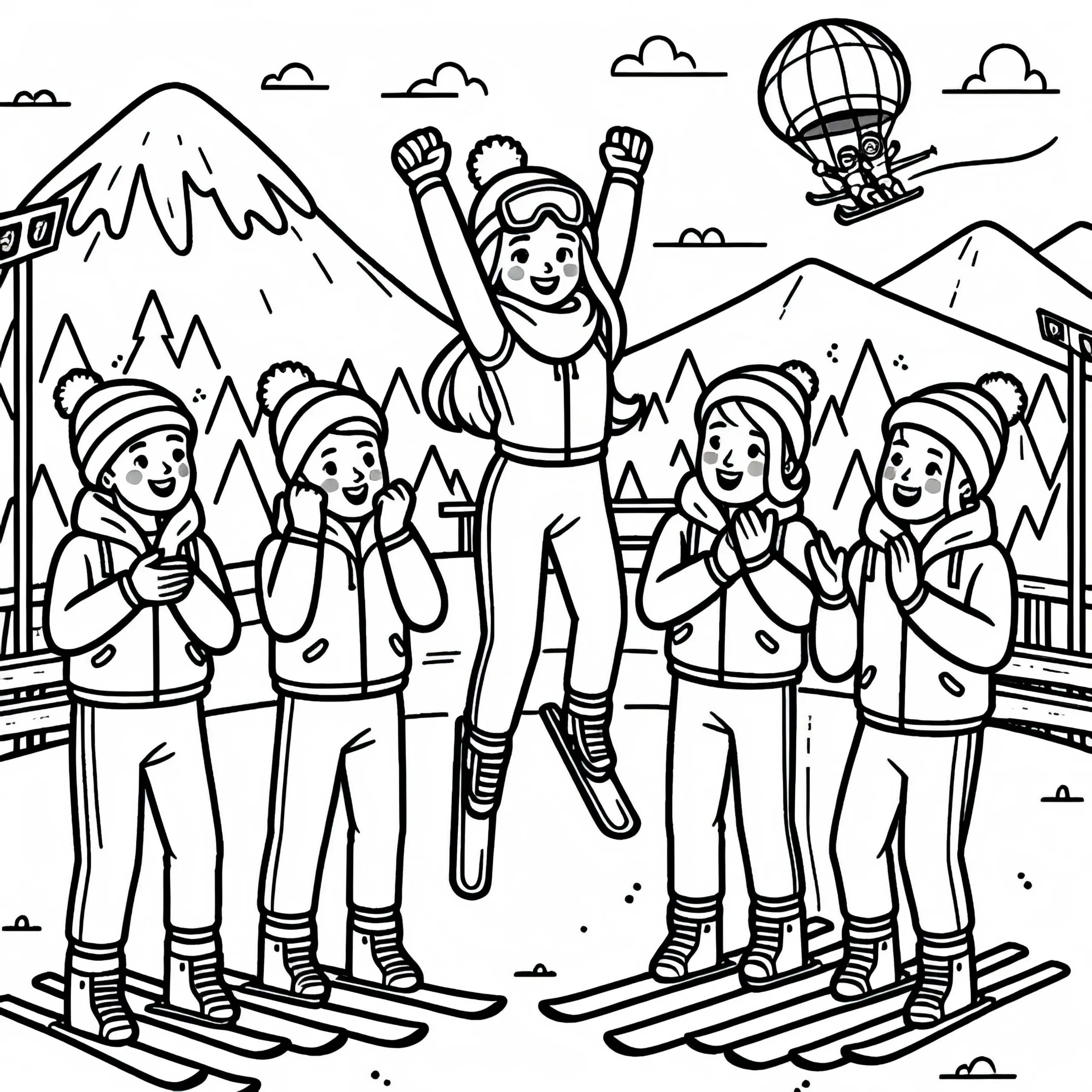 Skispringerin feiert mit Team nach Wettkampf – Malvorlage kostenlos (Ausmalbild)