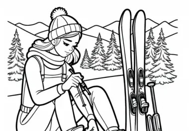 Skispringerin kontrolliert die Bindung der Skier – Ausmalbild kostenlos
