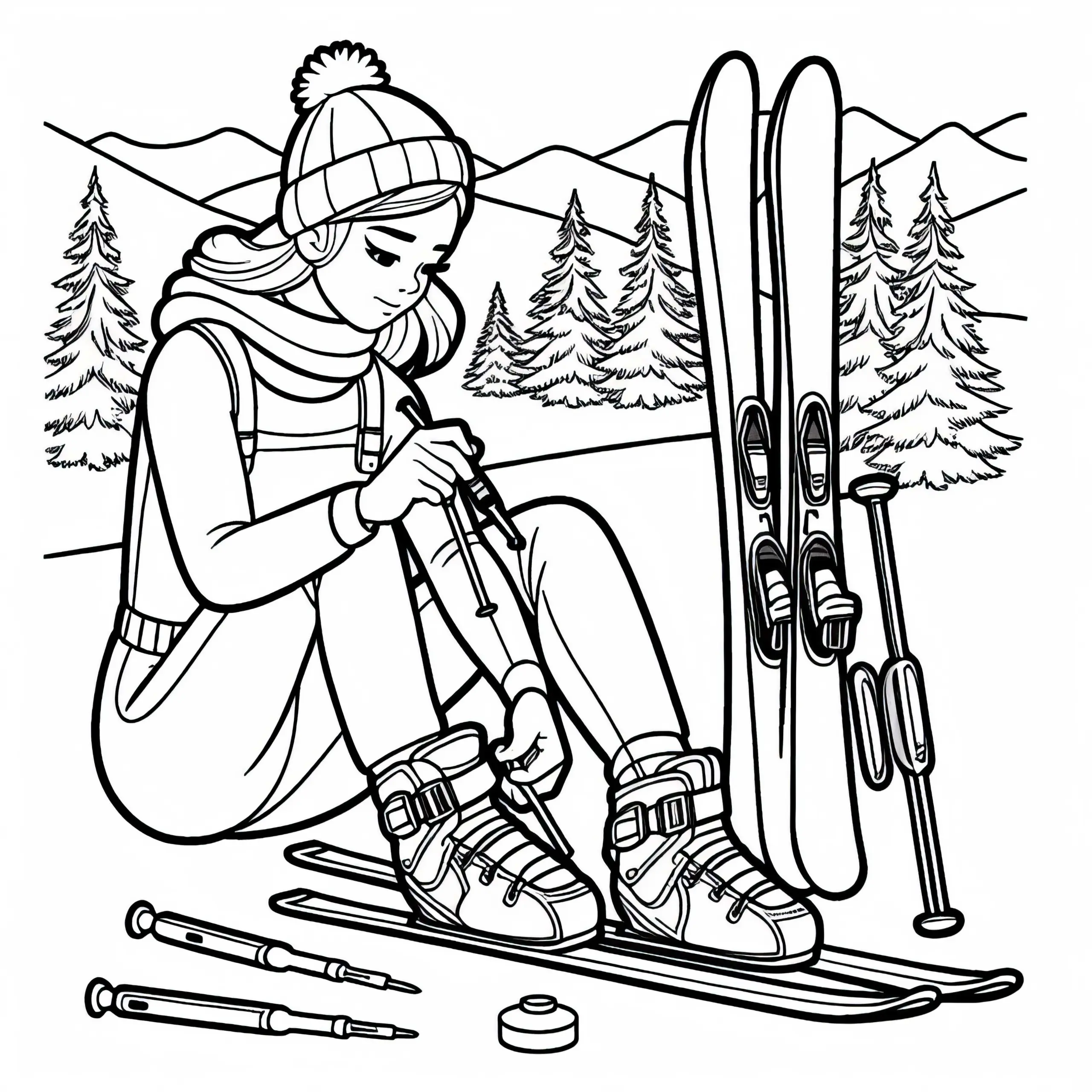 Skispringerin kontrolliert die Bindung der Skier – Ausmalbild kostenlos