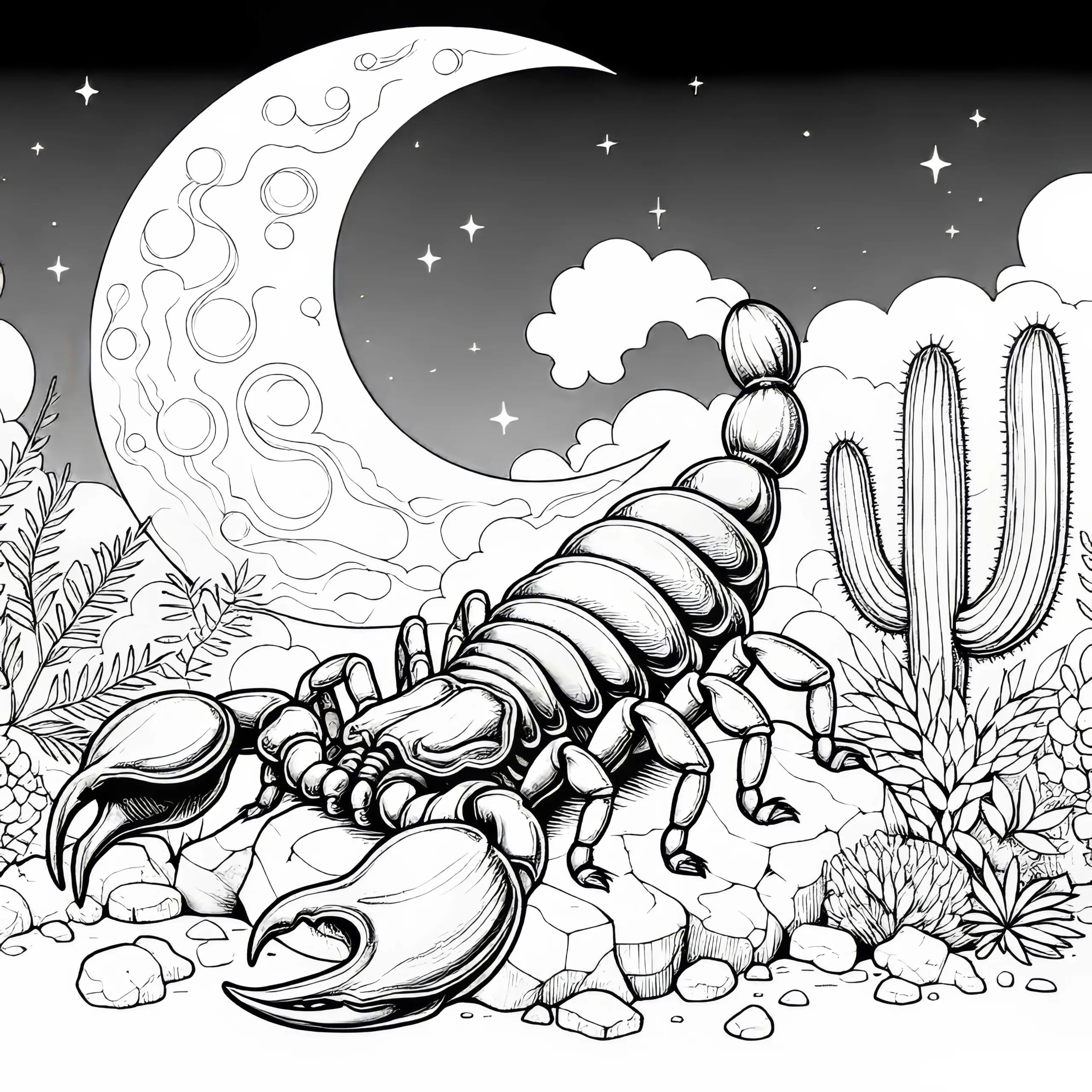 Skorpion auf Felsen mit Mond im Hintergrund: Detaillierte Malvorlage (Kostenlos) (Ausmalbild)