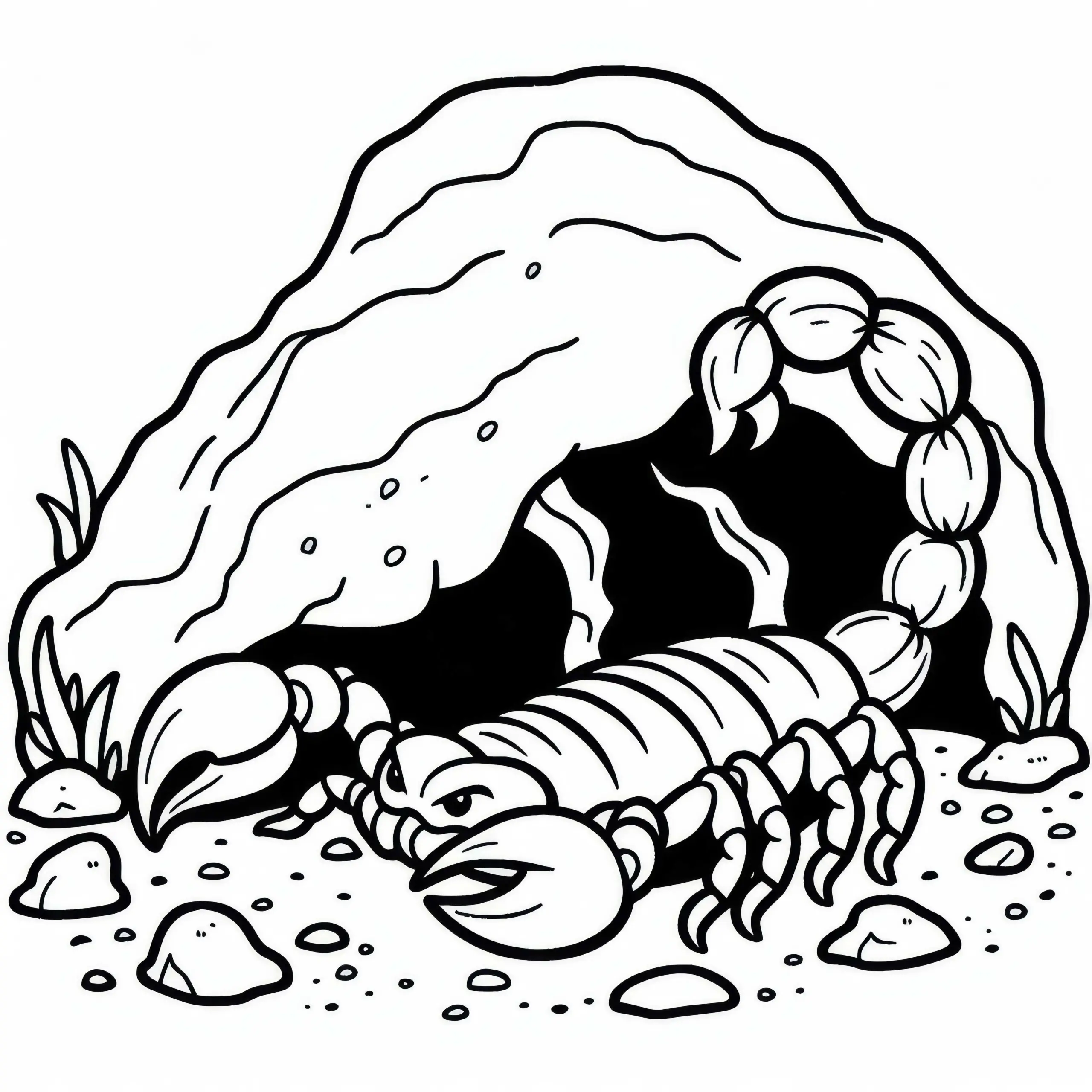 Skorpion versteckt sich unter Stein und lauert auf Beute: Einfache Malvorlage (Gratis) (Ausmalbild)