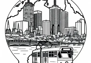 Skyline von Melbourne mit Straßenbahn – Ausmalbild Australien Ozeanien gratis