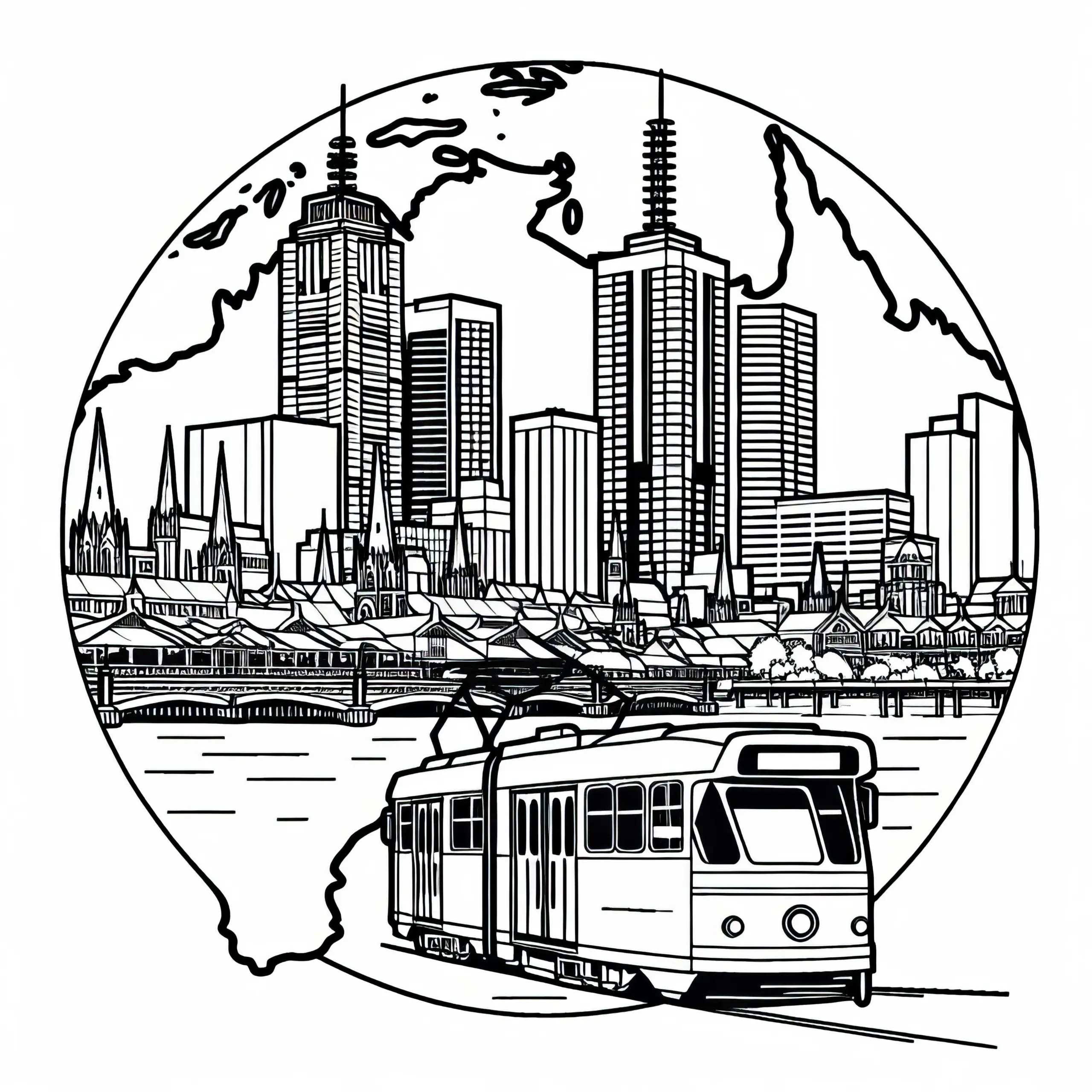 Skyline von Melbourne mit Straßenbahn – Ausmalbild Australien Ozeanien gratis