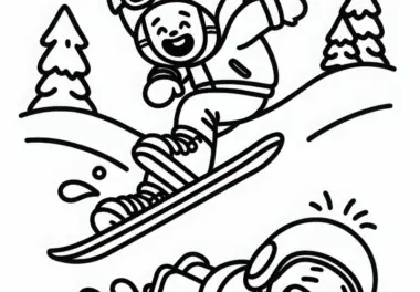 Snowboarder fällt in den Schnee und lacht – Malvorlage kostenlos