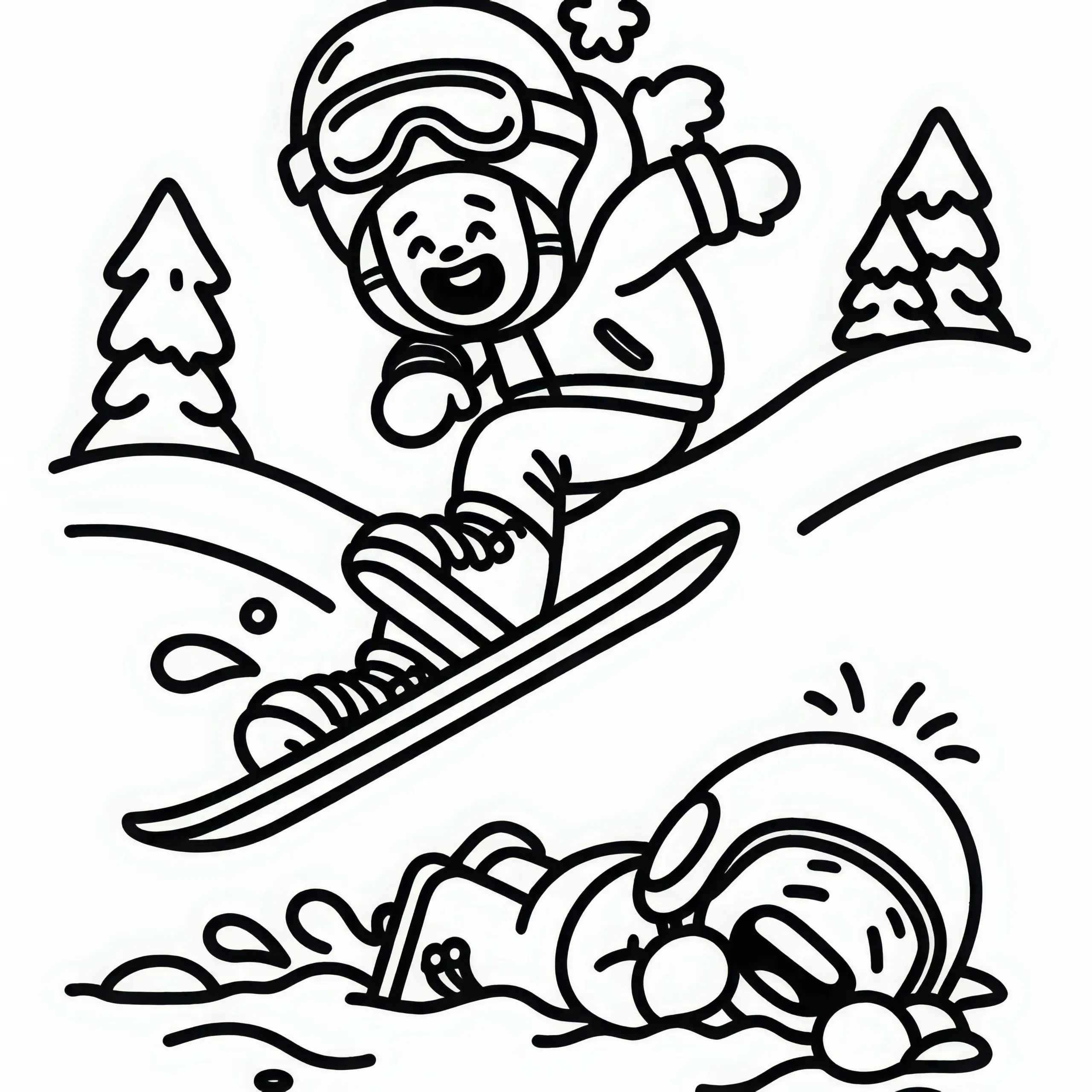 Snowboarder fällt in den Schnee und lacht – Malvorlage kostenlos (Ausmalbild)