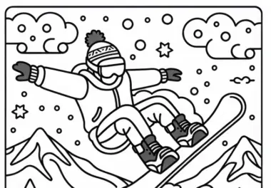 Snowboarder macht Drehung in der Luft – Ausmalbild gratis herunterladen