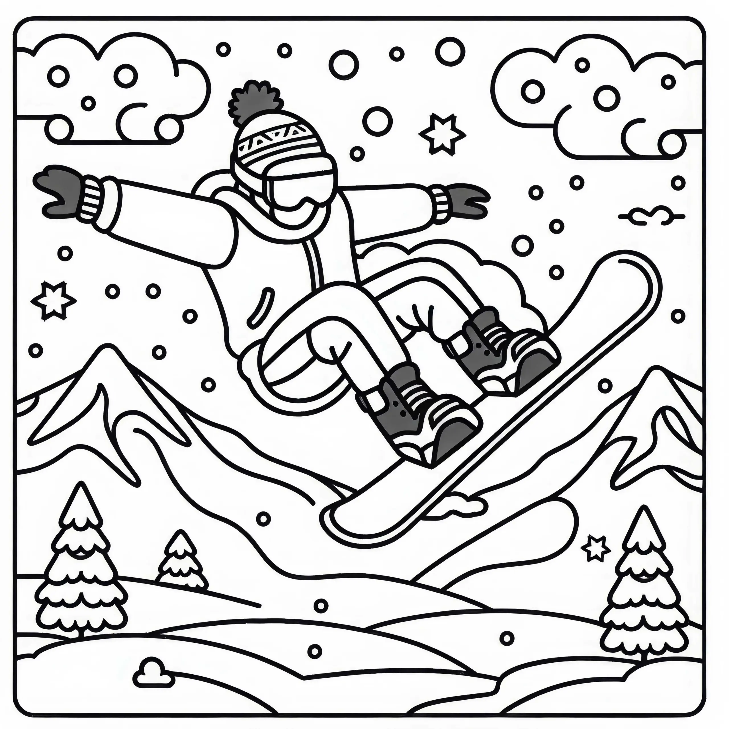 Snowboarder macht Drehung in der Luft – Ausmalbild gratis herunterladen