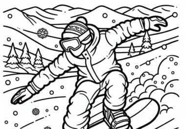 Snowboarder rast die schneebedeckte Piste hinunter – Malvorlage gratis