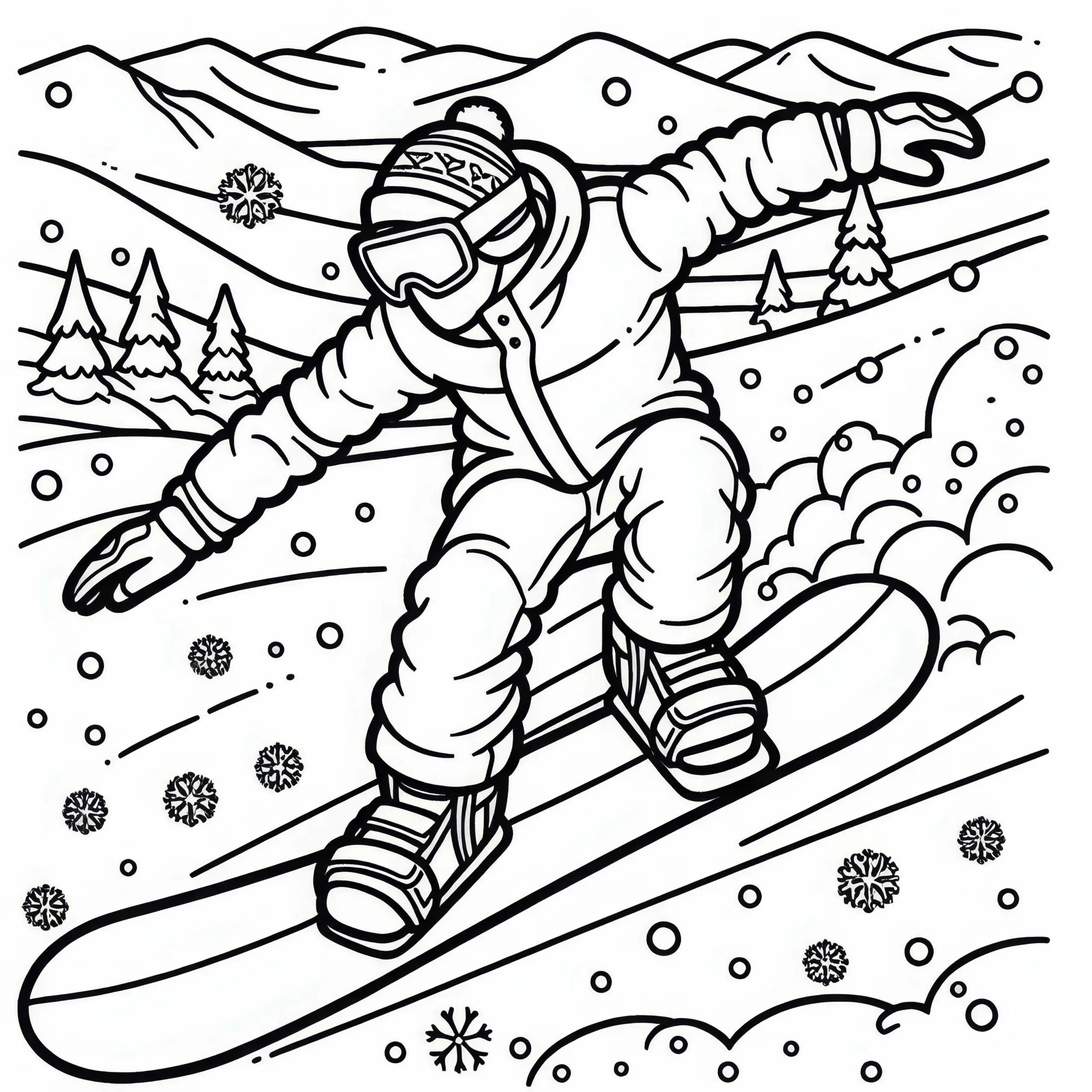 Snowboarder rast die schneebedeckte Piste hinunter – Malvorlage gratis (Ausmalbild)
