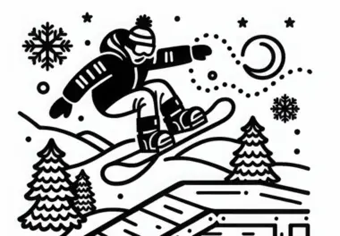 Snowboarder springt über Rampe – Ausmalbild einfach und kostenlos