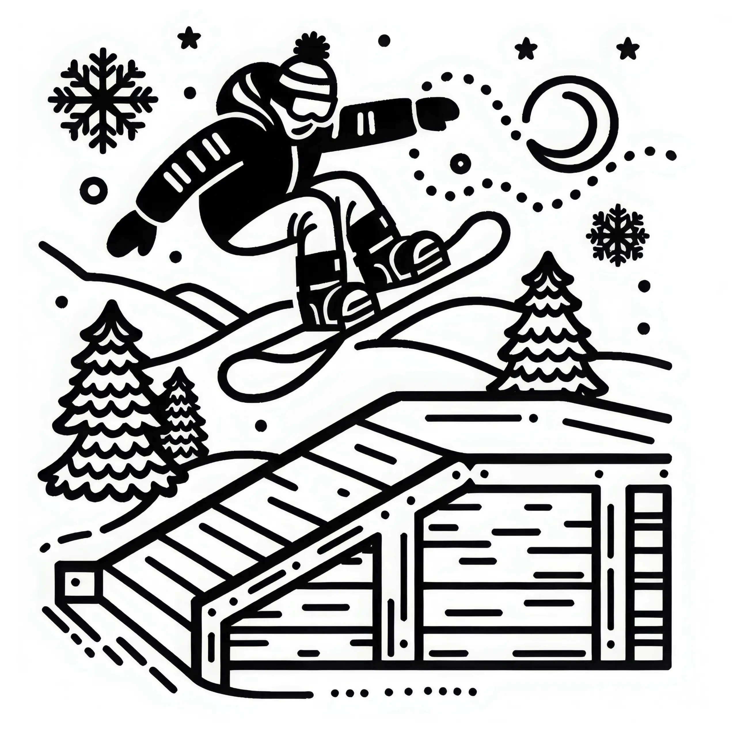 Snowboarder springt über Rampe – Ausmalbild einfach und kostenlos