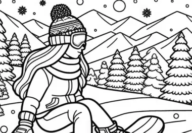 Snowboarderin fährt durch Winterlandschaft – Ausmalbild gratis