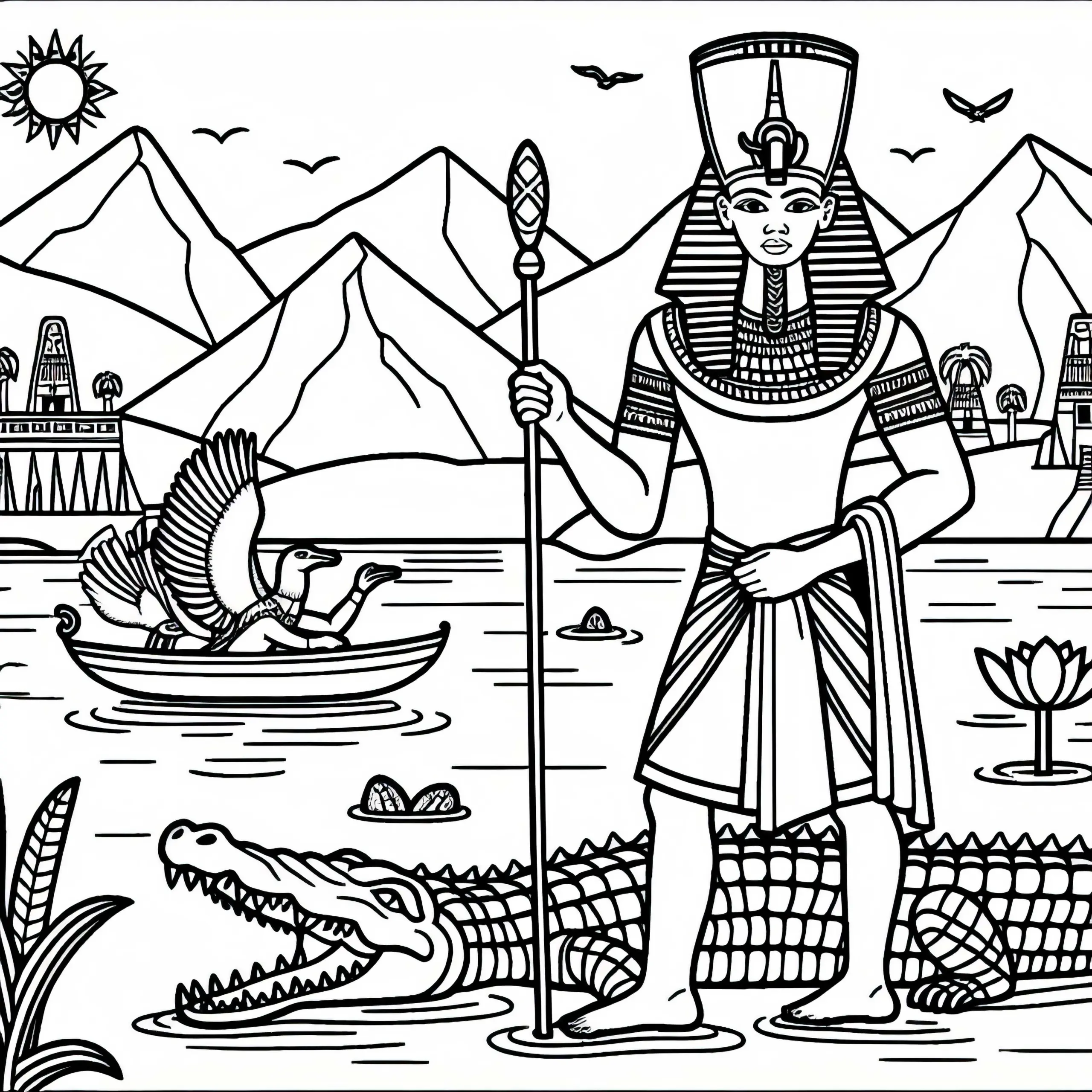 Sobek, der Krokodilgott am Ufer des Nils – Ausmalbild ägyptische Mythologie kostenlos