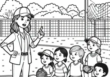 Softball-Coach gibt der Mannschaft Anweisungen – Ausmalbild zum kostenlosen Download
