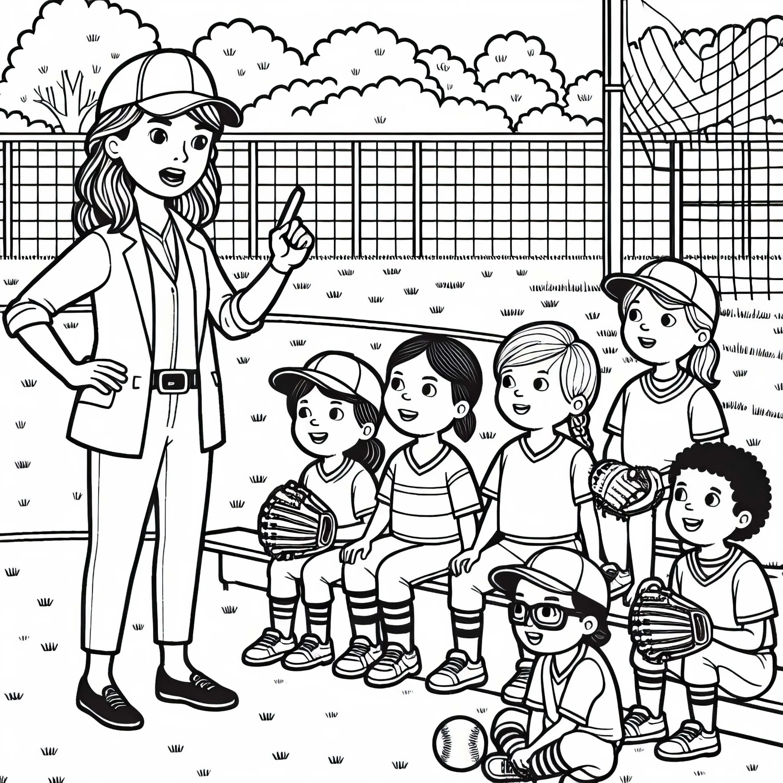 Softball-Coach gibt der Mannschaft Anweisungen – Ausmalbild zum kostenlosen Download