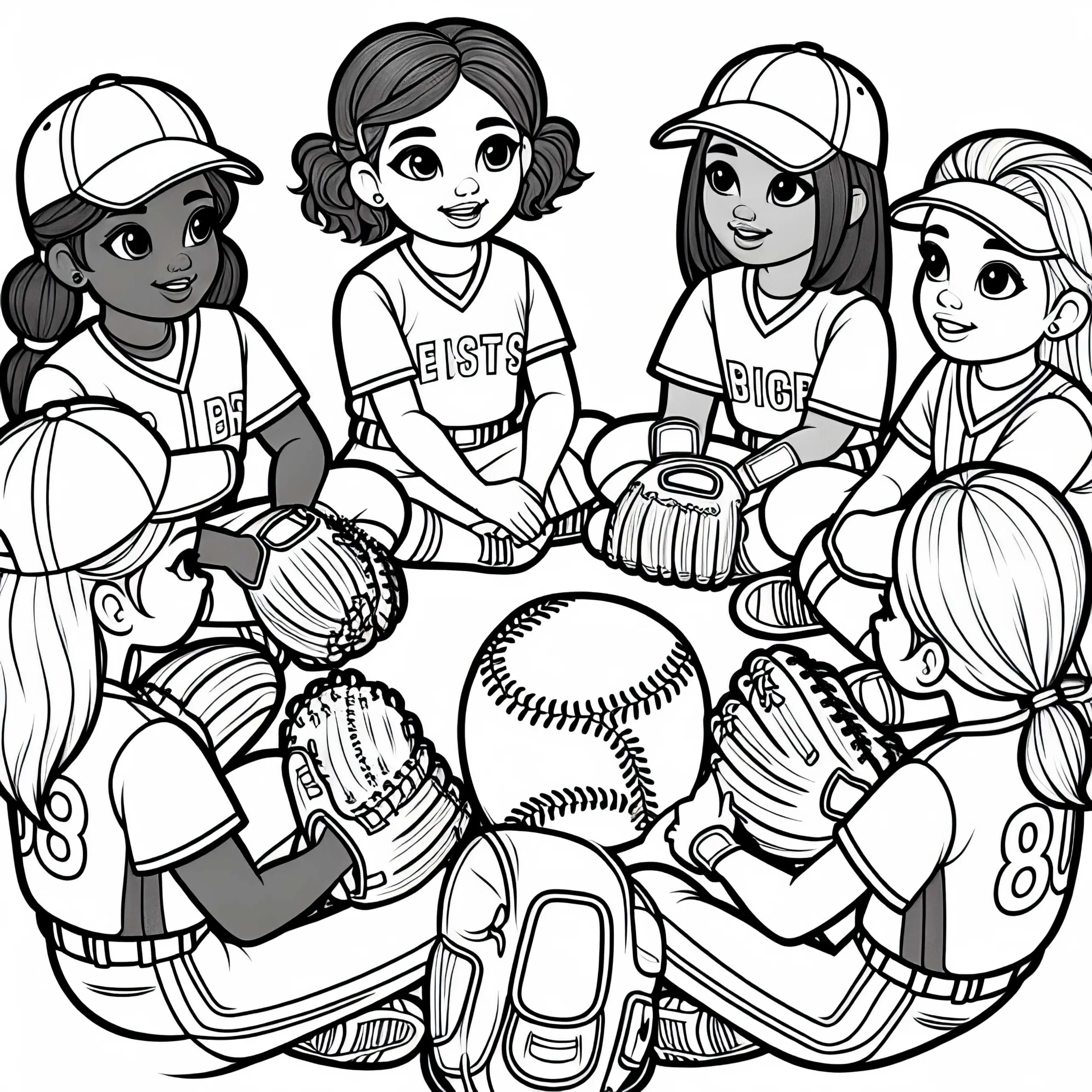 Softball-Team berät sich vor nächstem Spielzug – Ausmalbild kostenlos