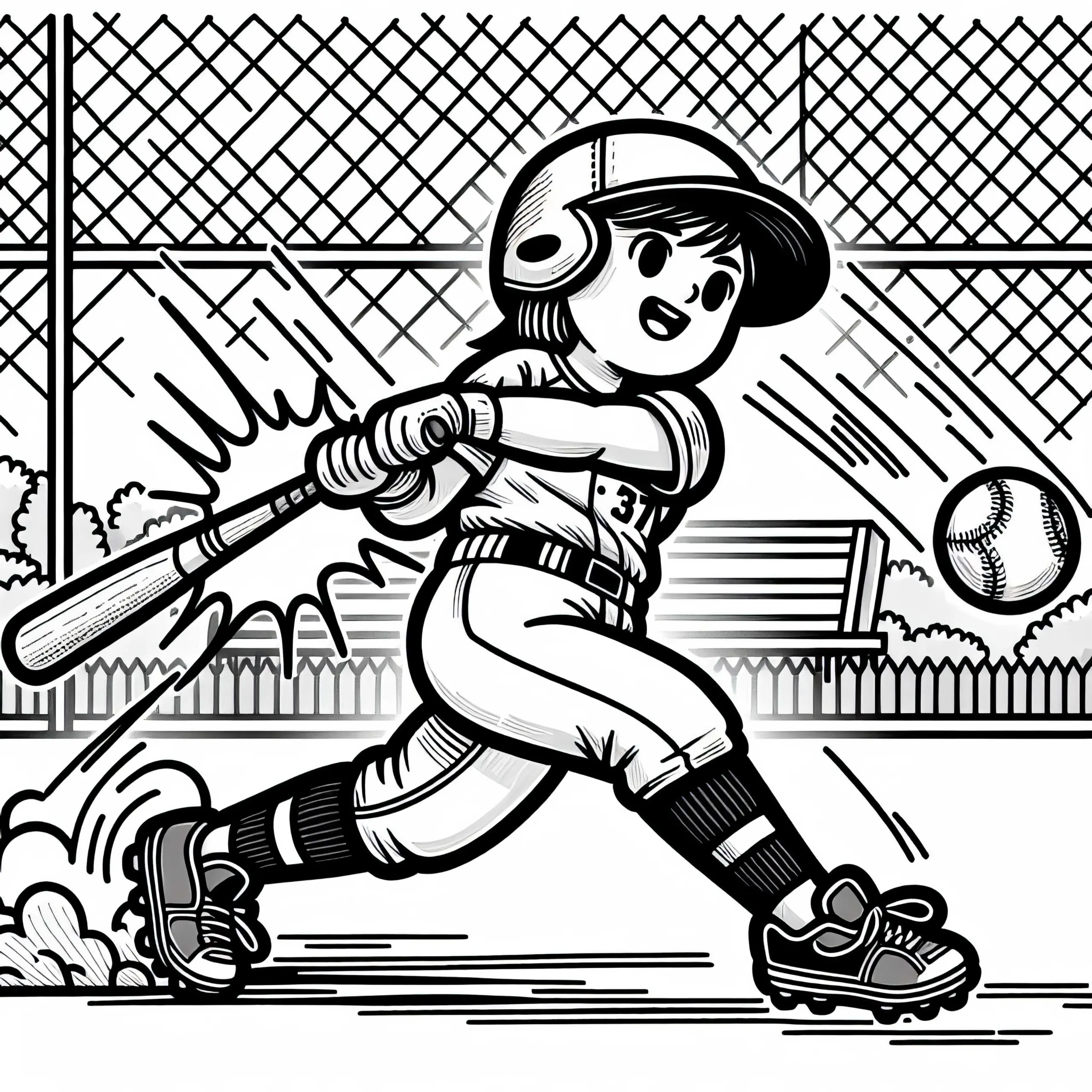 Softballspielerin schlägt Ball mit voller Kraft ins Spielfeld – Ausmalbild gratis