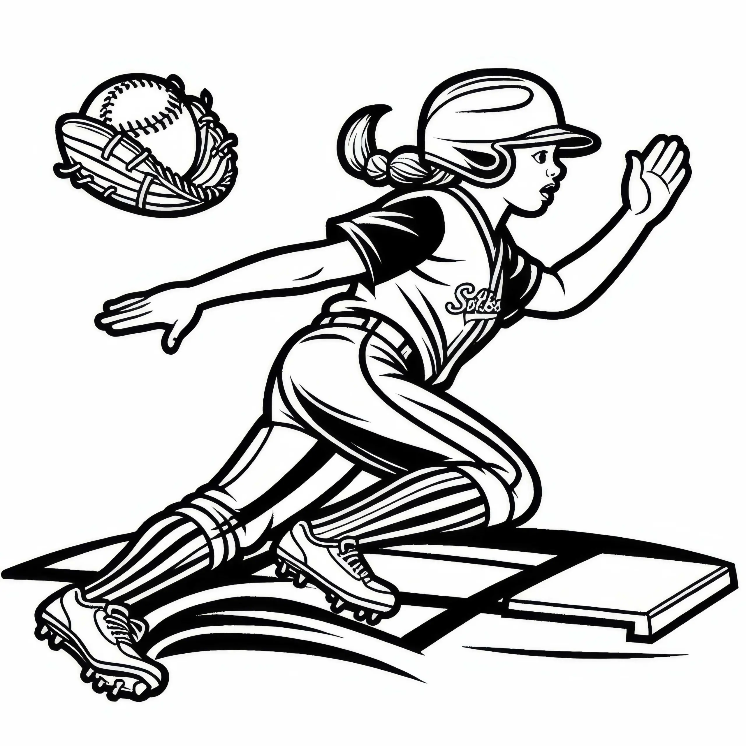 Softballspielerin sprintet – Ausmalbild gratis zum Download