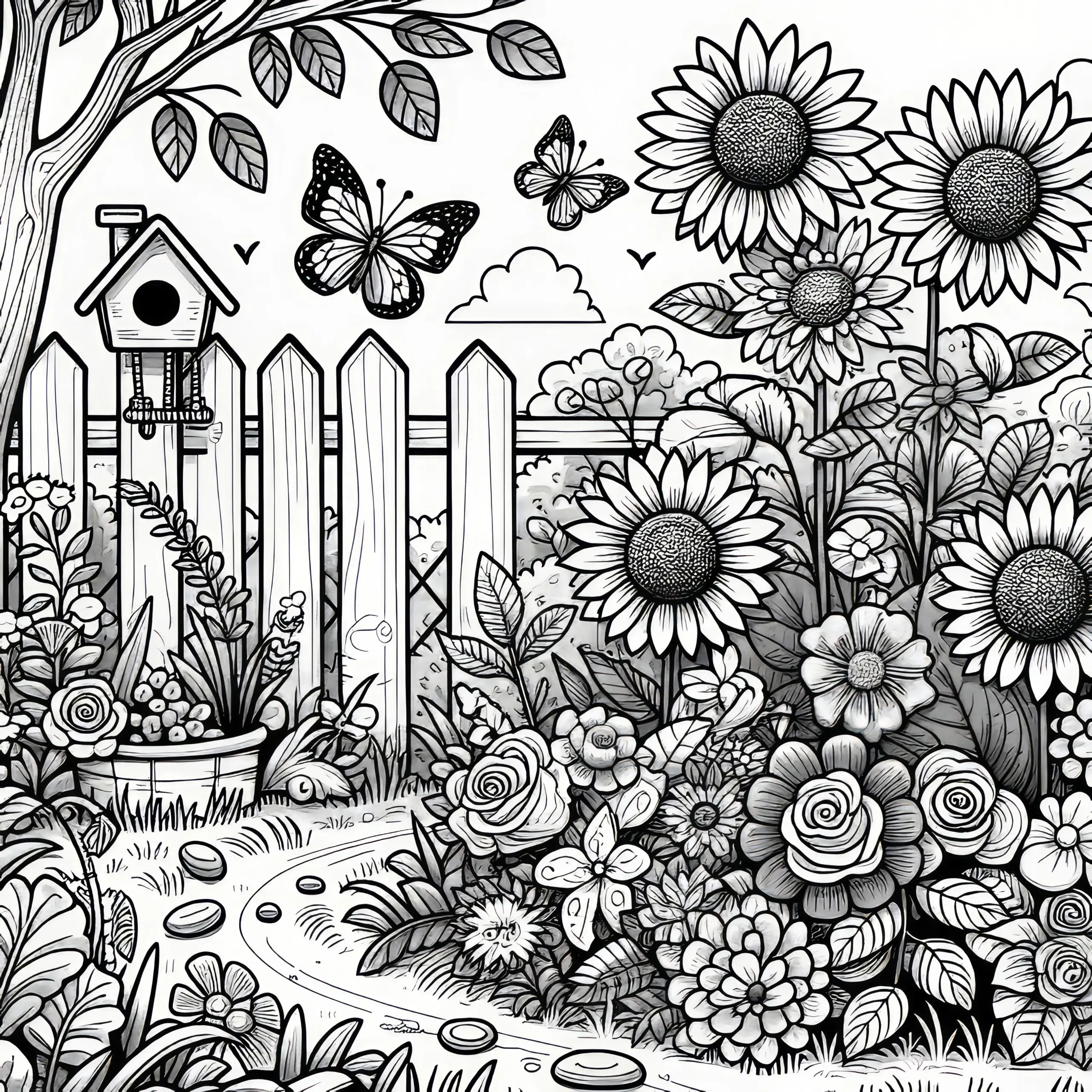 Sommer im Garten mit Sonnenblumen, Schmetterlingen und Vogelhaus: Malvorlage gratis (Ausmalbild)