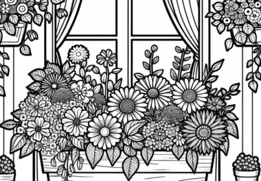 Sommerblumen im Blumenkasten am Fenster – Malvorlage gratis
