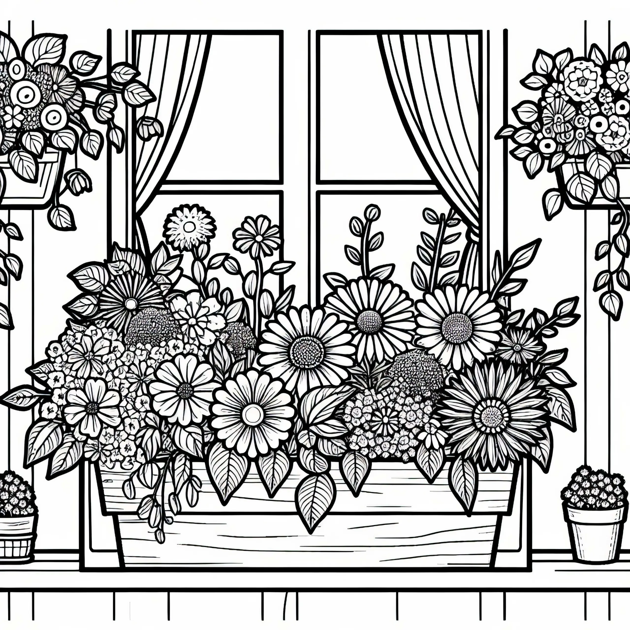 Sommerblumen im Blumenkasten am Fenster – Malvorlage gratis (Ausmalbild)