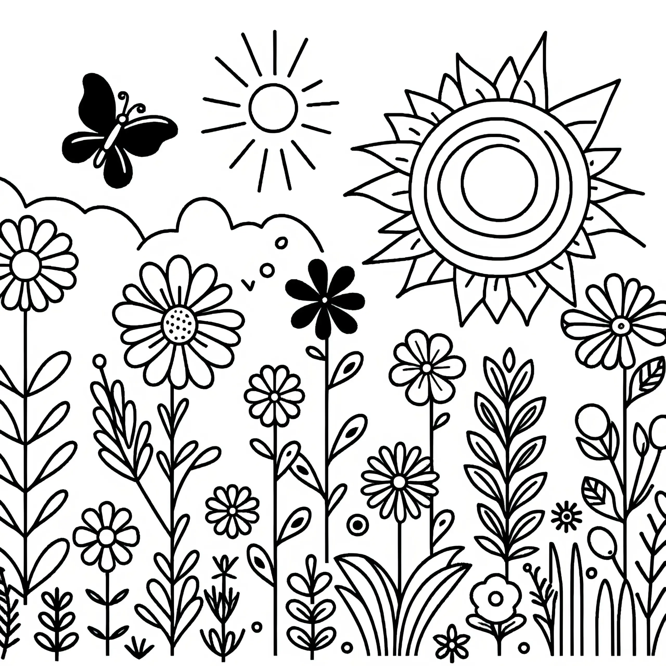 Sommerliche Blumenwiese mit Schmetterling: Malvorlage gratis zum Download (Ausmalbild)