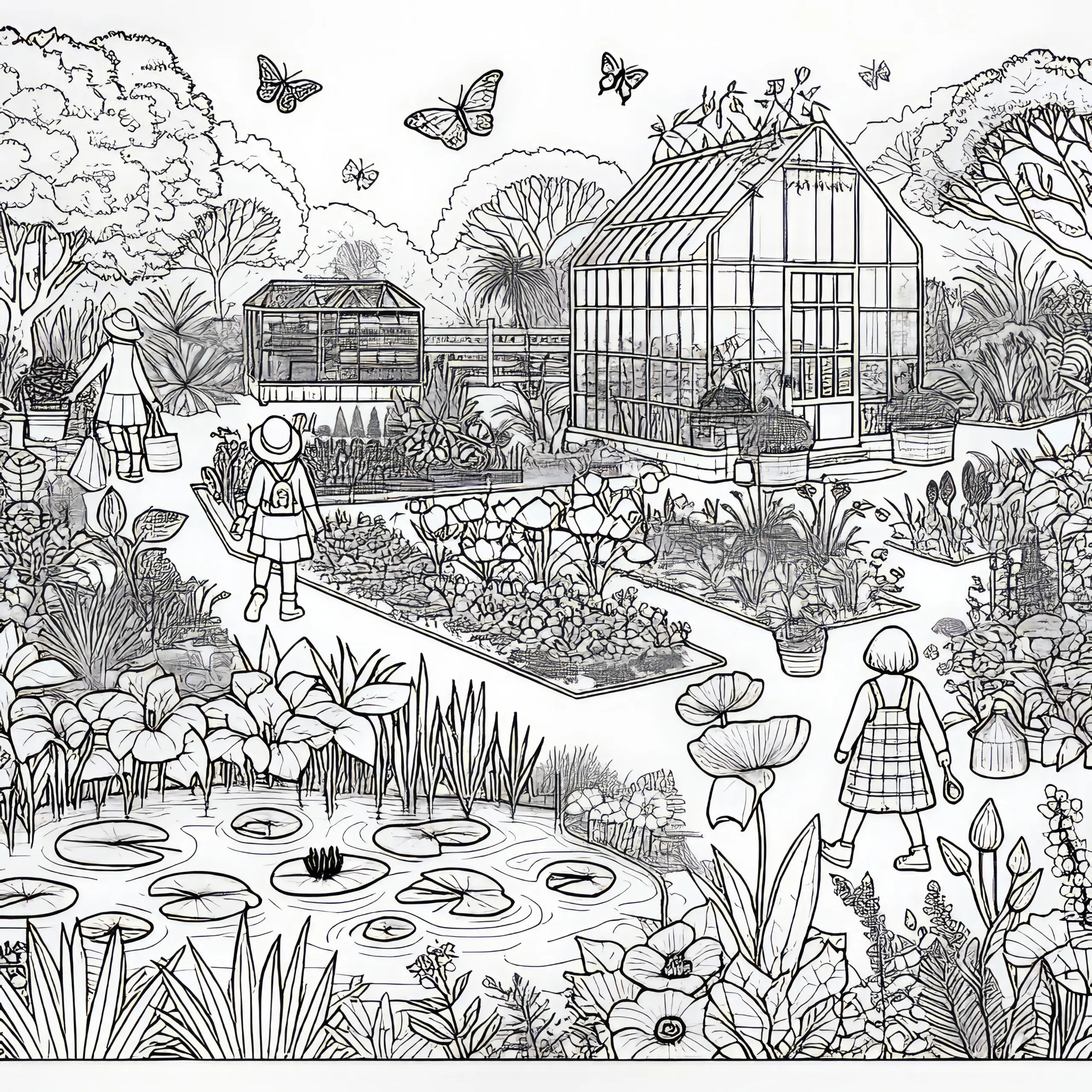 Sommerlicher Botanischer Garten: Kostenloses Ausmalbild zum Download