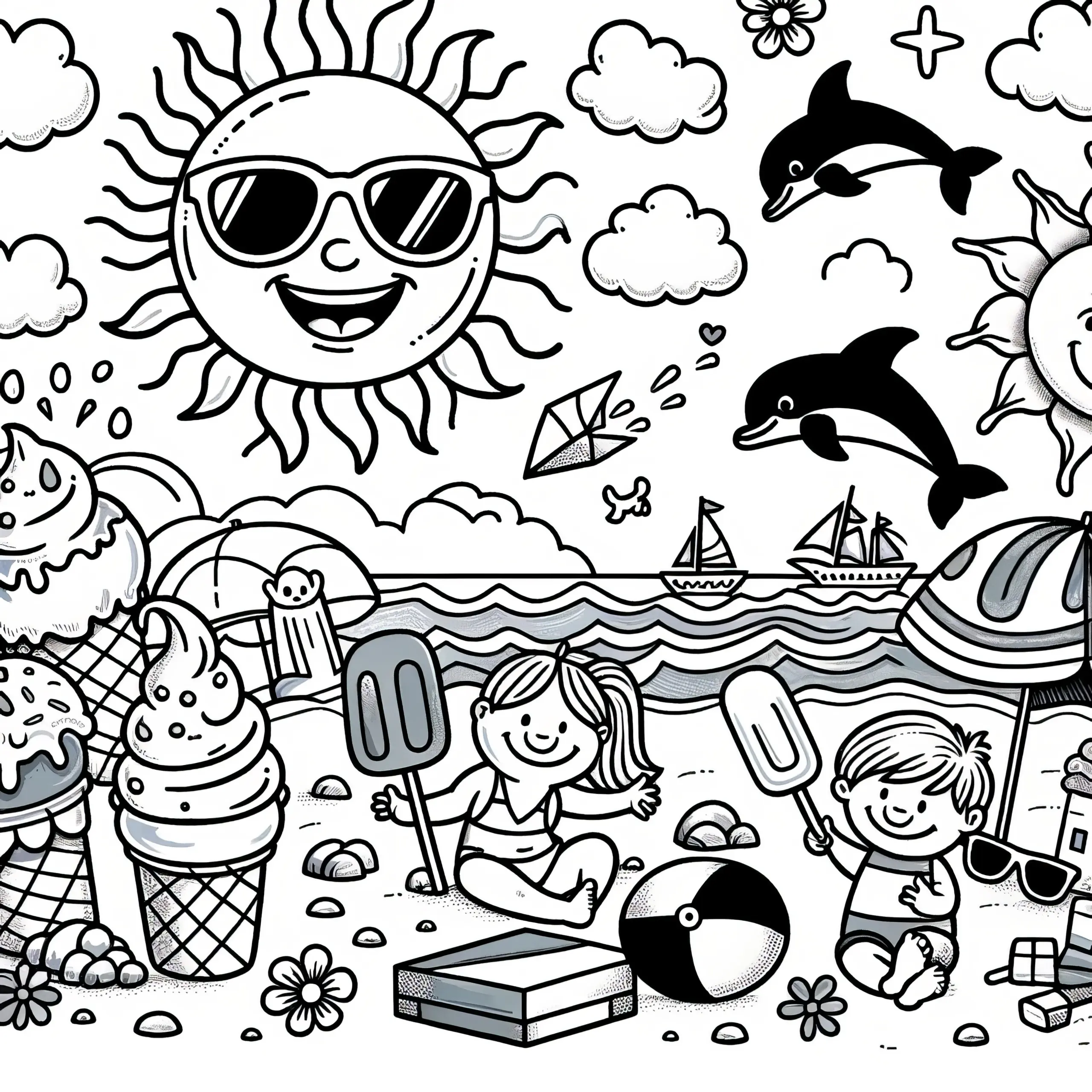 Sommerliches Ausmalbild am Strand mit Kindern, Eis und Wellen (Kostenlos)