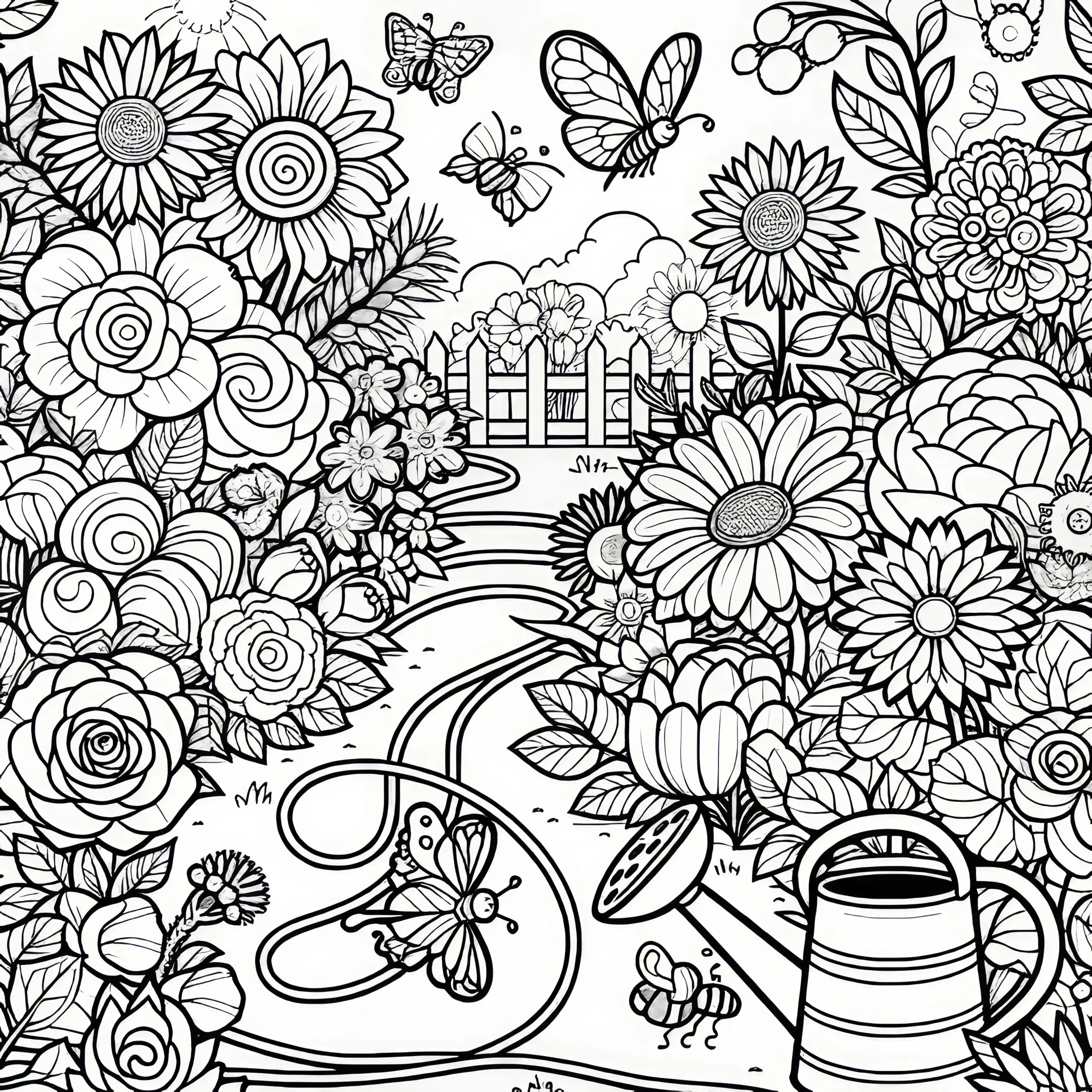 Sommerliches Blumenbild mit Schmetterlingen im Garten: Ausmalbild kostenlos zum Download