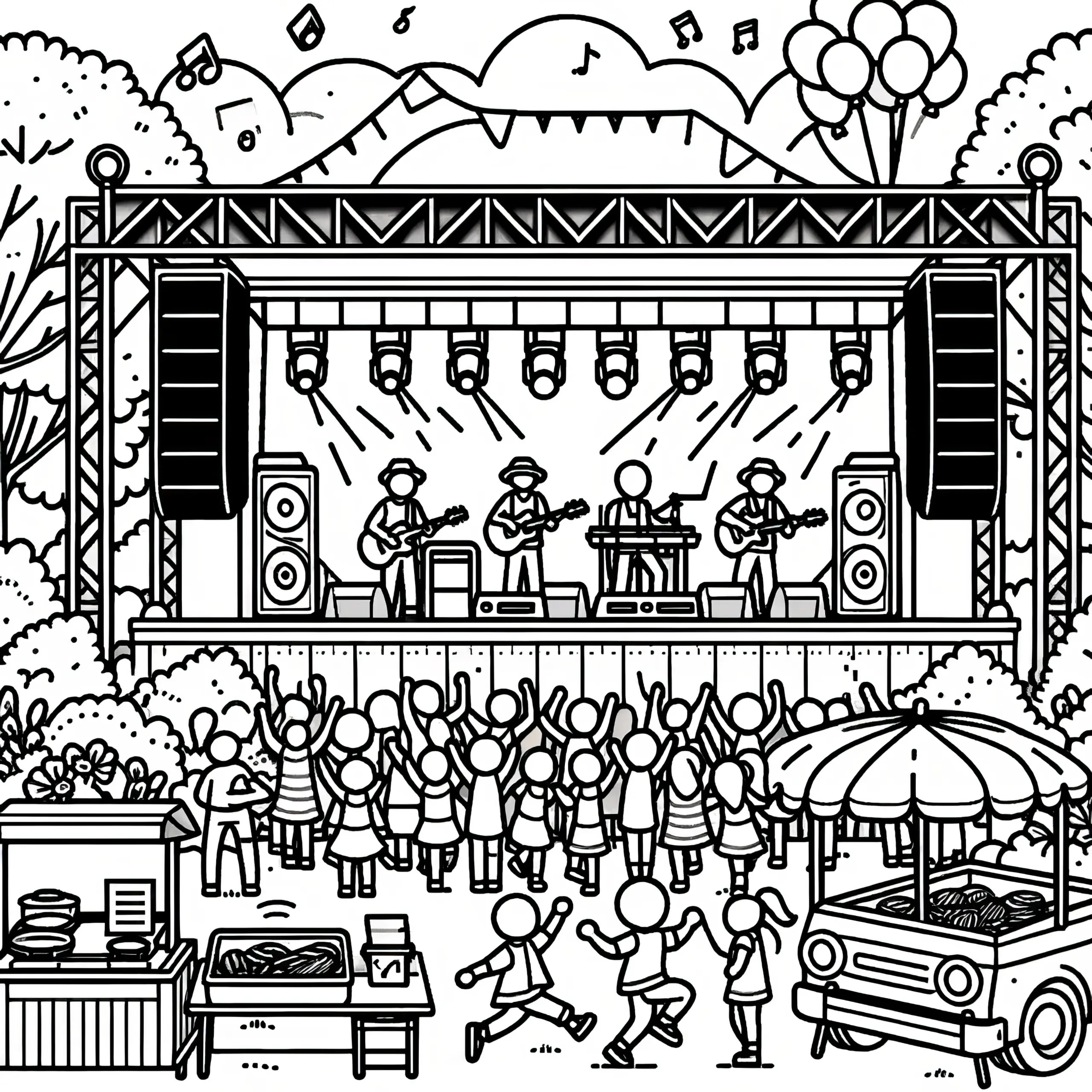 Sommerliches Festival im Freizeitpark: Malvorlage gratis (Ausmalbild)