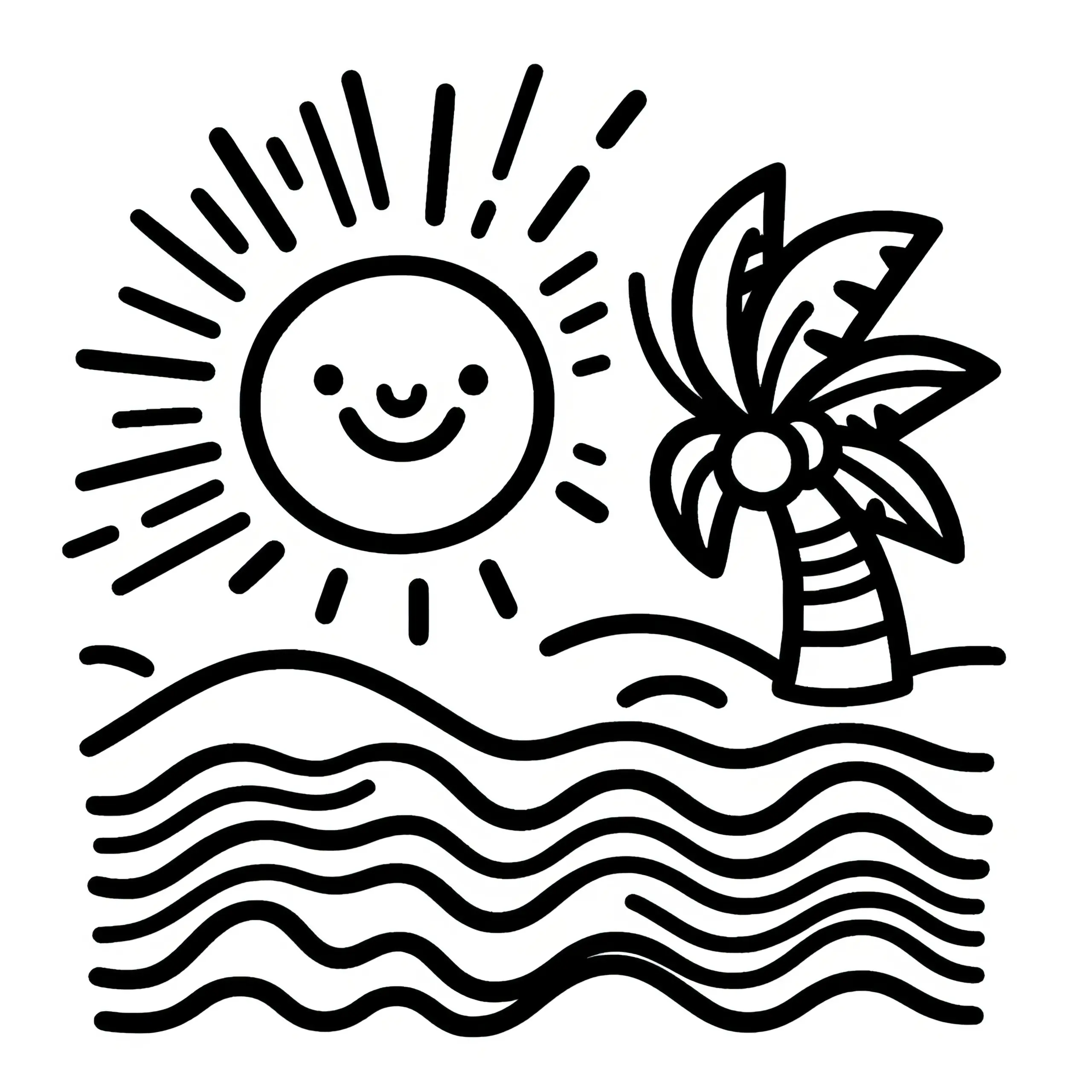 Sonne, Palme und Wasser: Einfaches Ausmalbild (Gratis)