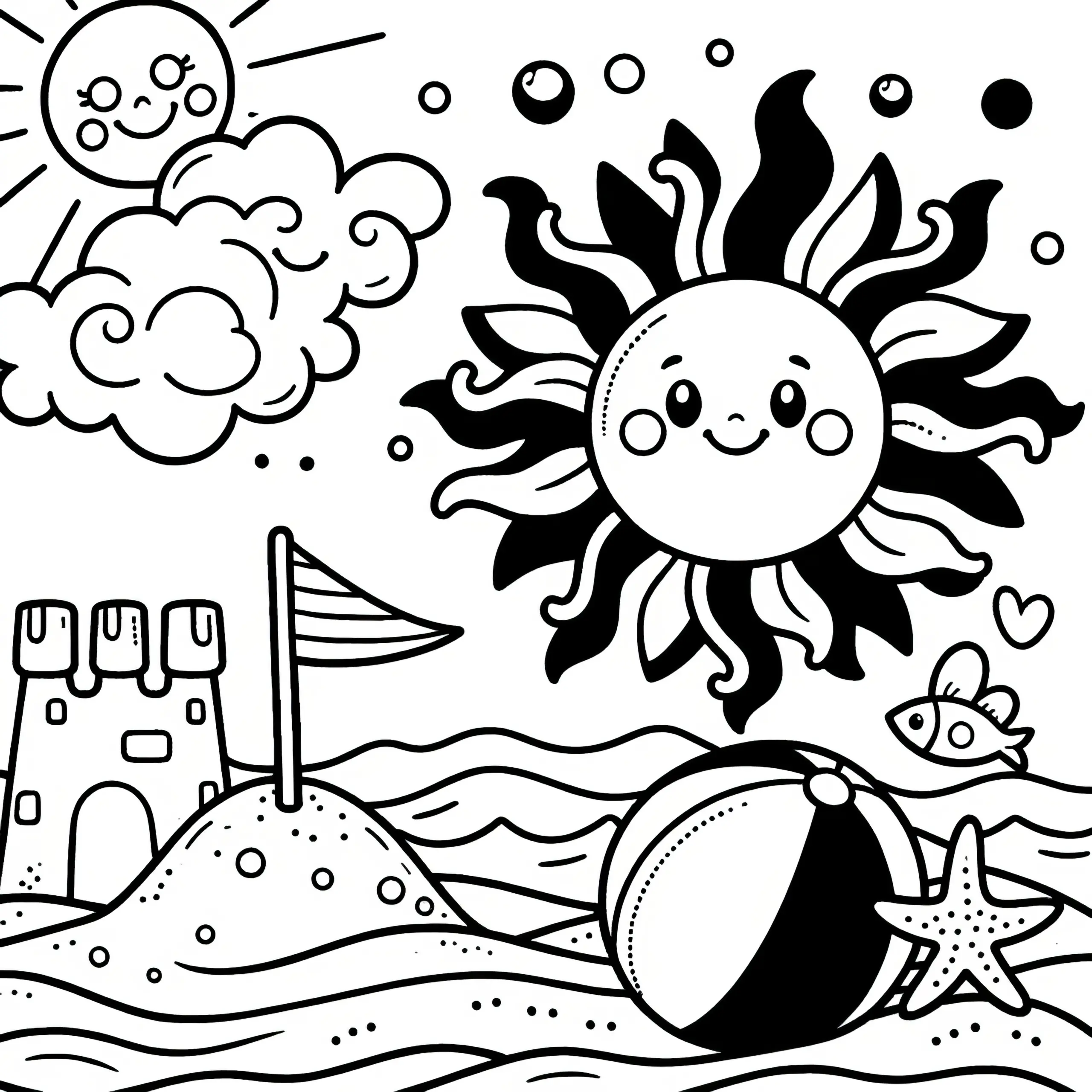 Sonne, Strand, Sandburg und Meer: Ausmalbild für Kinder (Kostenlos)